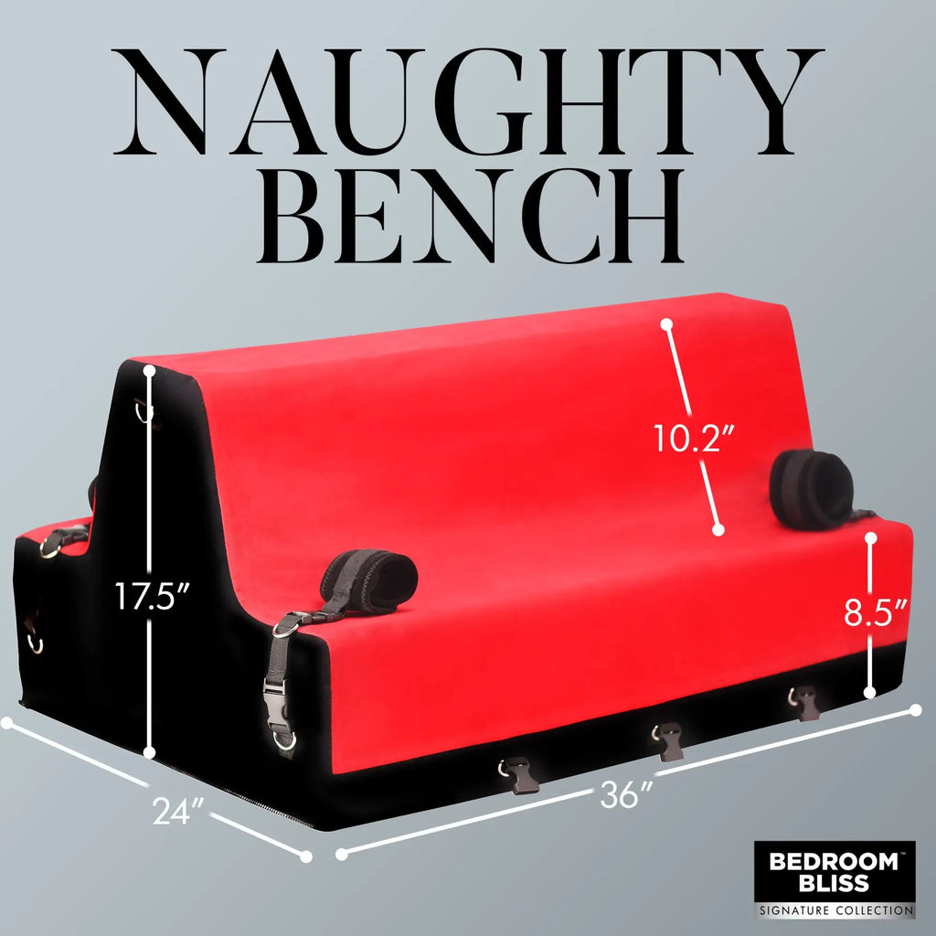 Bedroom Bliss Bondage Bench: A red-topped, black-based foam wedge featuring adjustable straps and D-rings with dimensions.