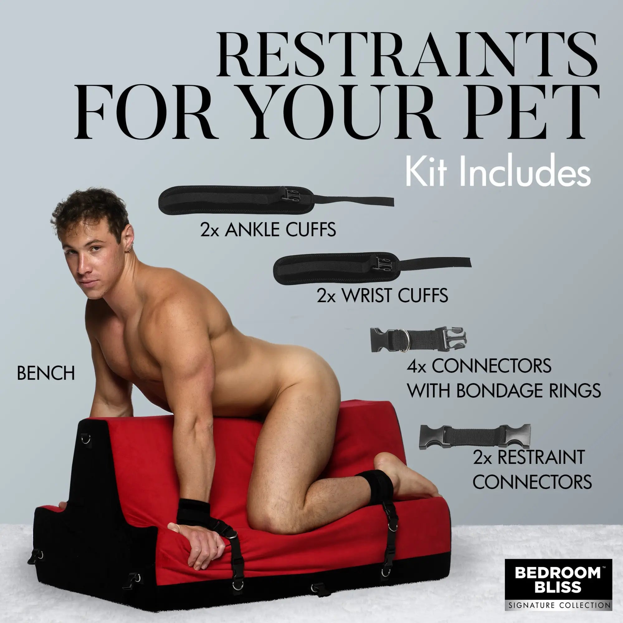 Bedroom Bliss Lover's Bondage Bench: Red and black padded bench with black cuffs, connectors, and rings for restraint.