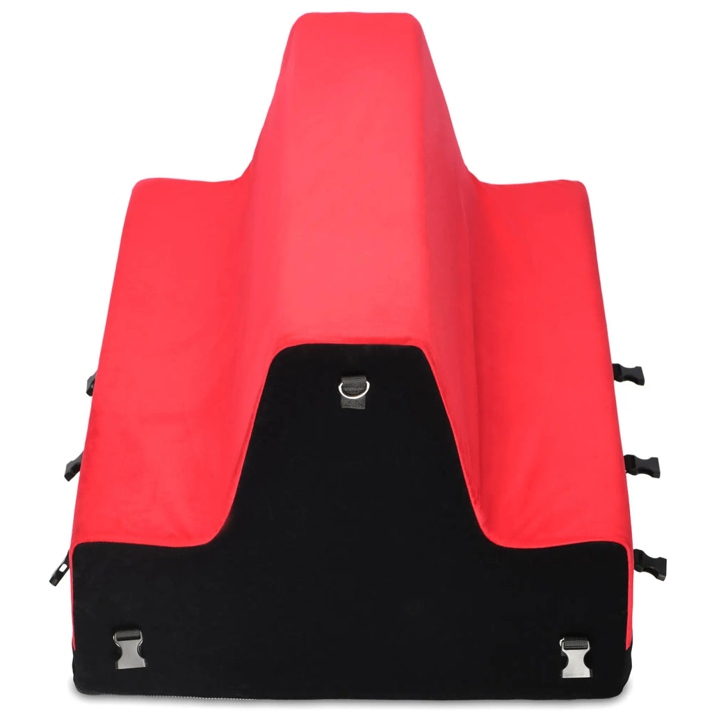 Bedroom Bliss Lover's Bondage Bench: A sculpted, red and black foam wedge with adjustable buckle straps and D-rings.