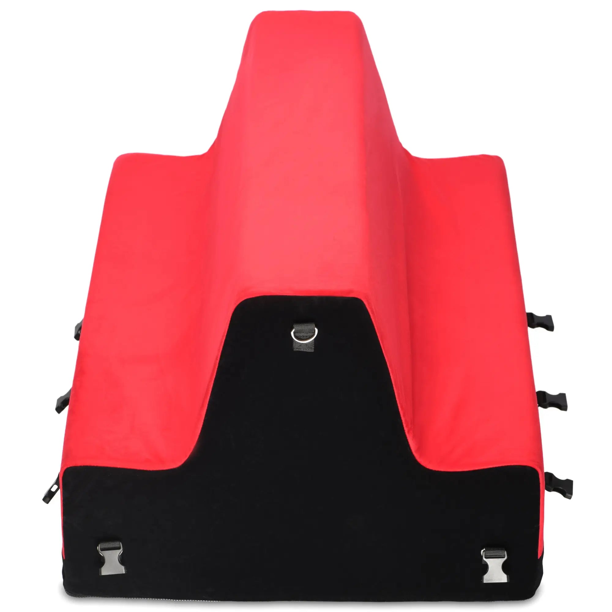 Bedroom Bliss Lover's Bondage Bench: A sculpted, red and black foam wedge with adjustable buckle straps and D-rings.