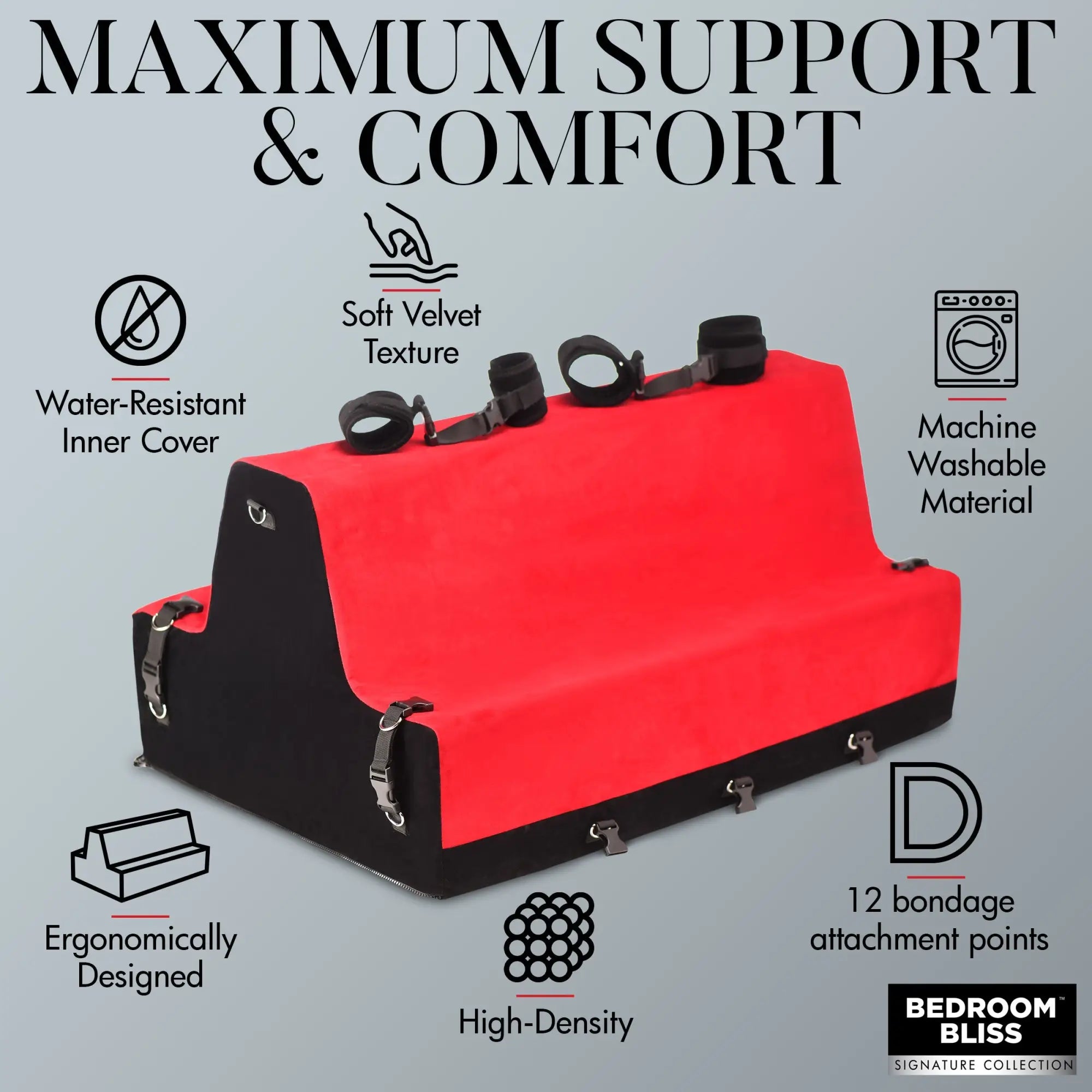 Bedroom Bliss Lover's Bondage Bench: A red and black ergonomic velvet bench with adjustable restraint cuffs and hooks.