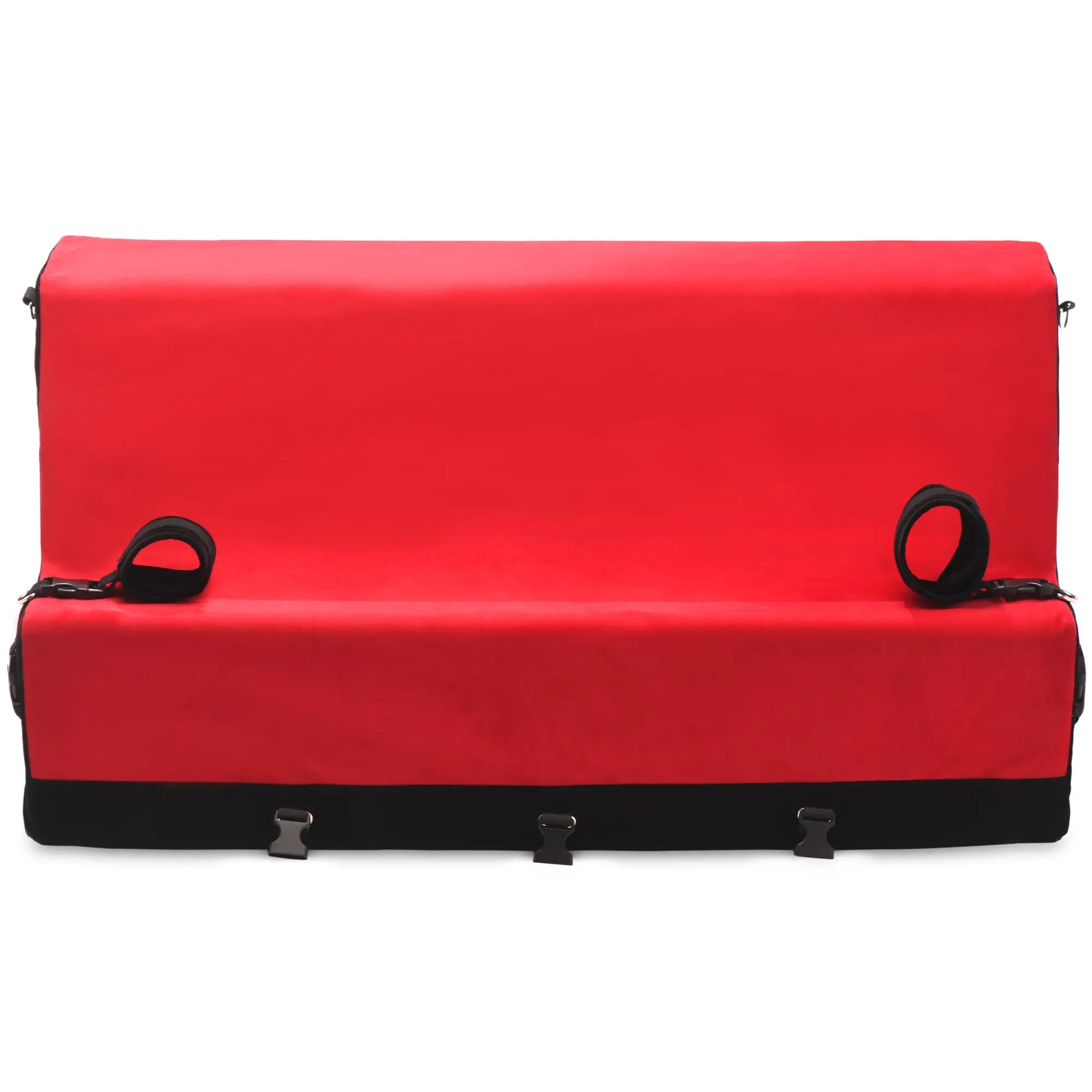 Bedroom Bliss Lover's Bondage Bench: A bright red, cushioned bench with black trim, integrated straps, and buckles.
