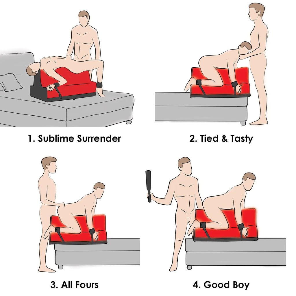 Bedroom Bliss Lover's Bondage Bench: A red and black padded bench featuring straps for various positions.