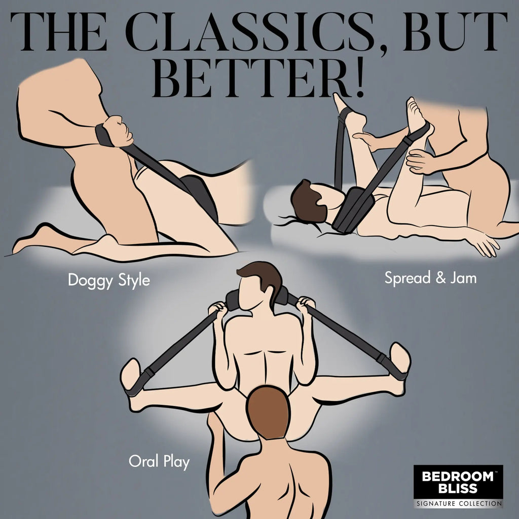Bedroom Bliss Lover's Strap: Black adjustable positioning straps shown in 3 illustrative sexual positions.