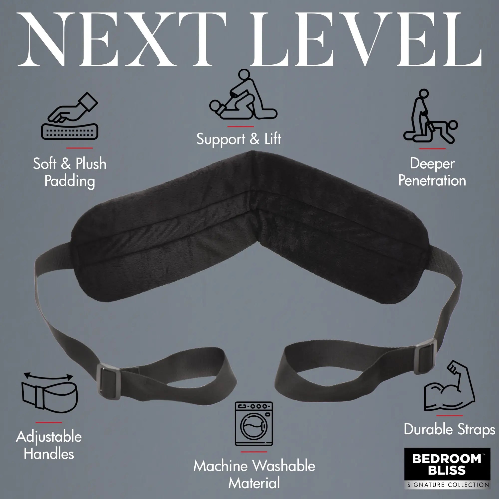 Bedroom Bliss Lover's Doggy Style Strap: A black, plush, contoured support pillow with adjustable webbing straps.