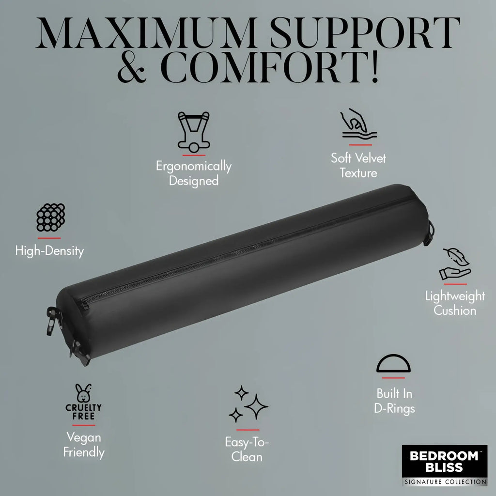 Bedroom Bliss Padded Spreader Bar: a black, cylindrical, velvet-textured bar with D-rings and feature callouts.