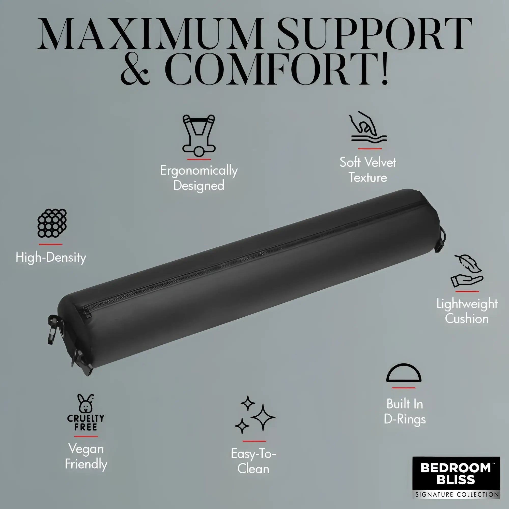 Bedroom Bliss Padded Spreader Bar: a black, cylindrical, velvet-textured bar with D-rings and feature callouts.