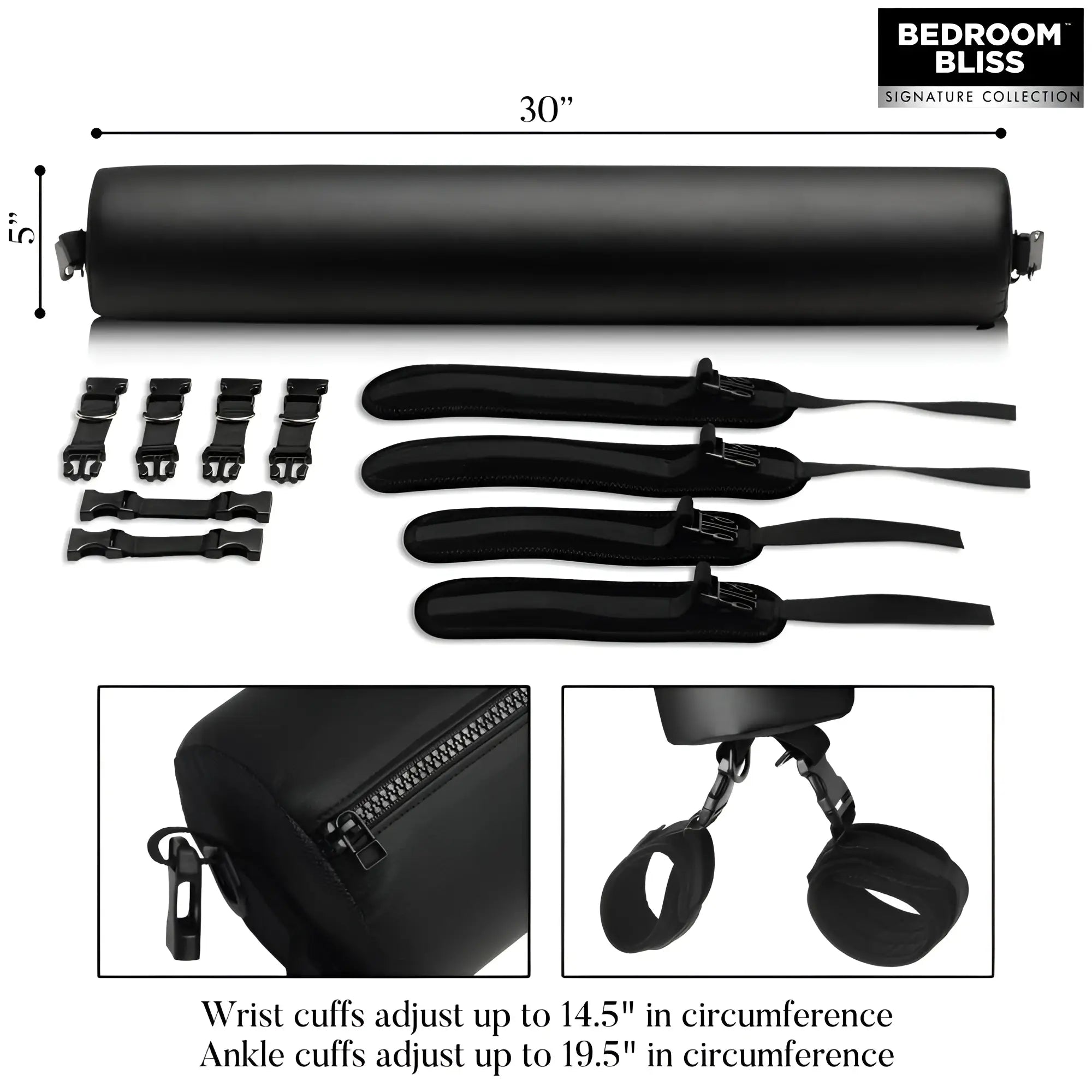 Bedroom Bliss black padded spreader bar with adjustable restraint straps and cuffs, showing product dimensions and details.