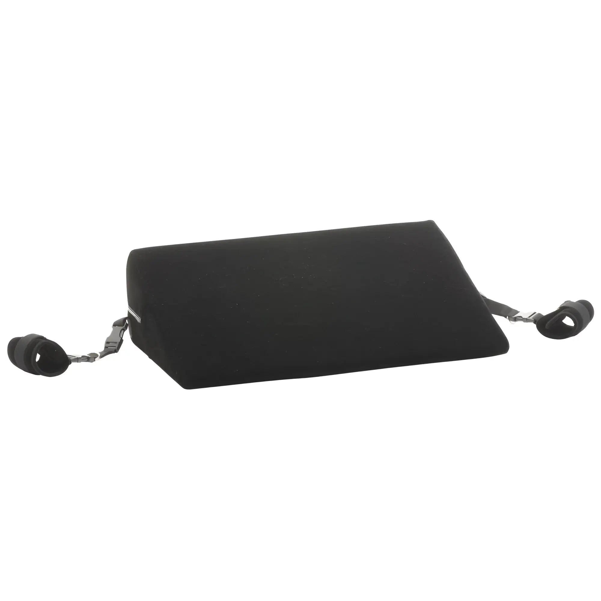 Bedroom Bliss Small Bondage Cushion: A black, wedge-shaped foam cushion with adjustable attached wrist restraints.
