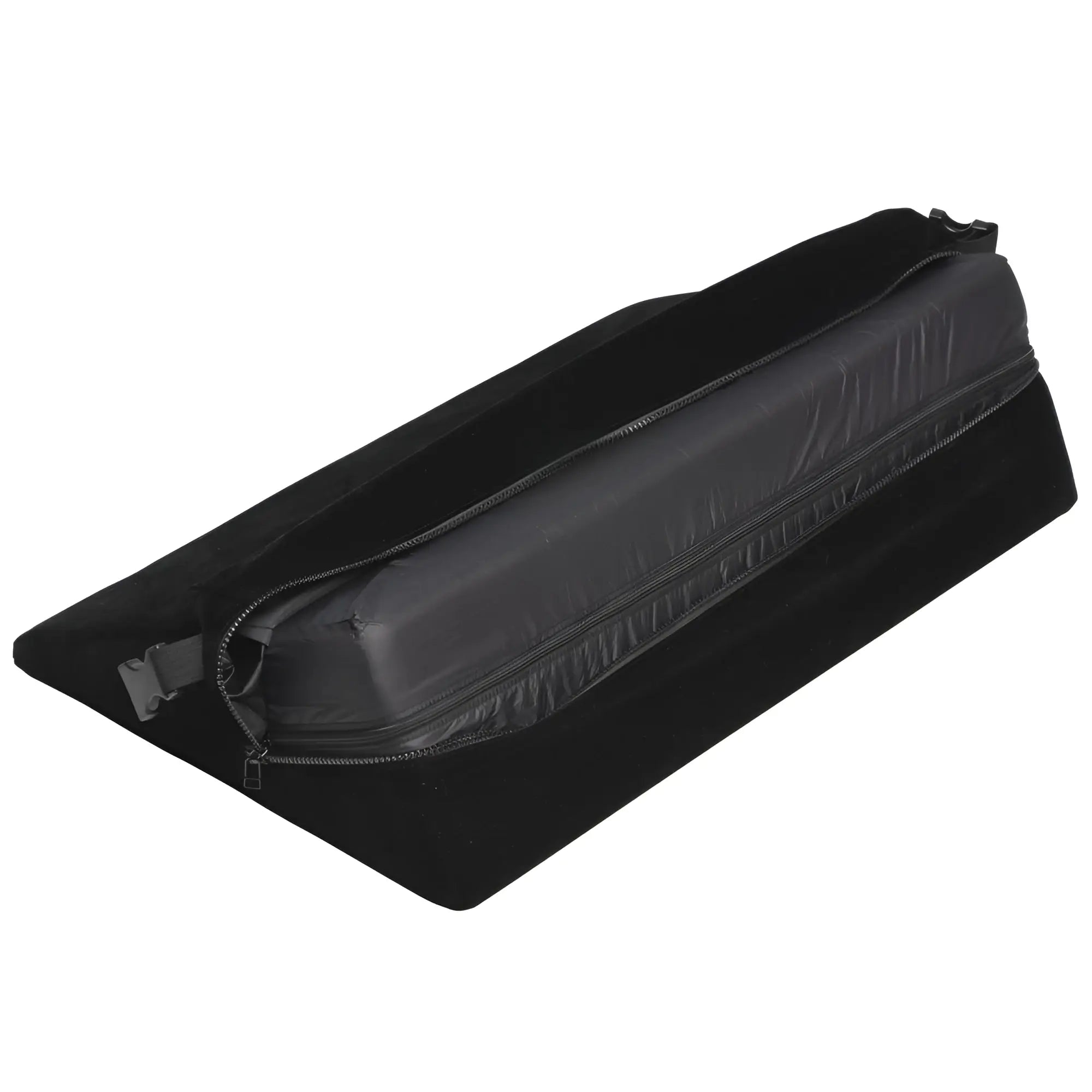 Bedroom Bliss Small Bondage Cushion: A black, wedge-shaped velvet support pillow with adjustable straps and a zipper.