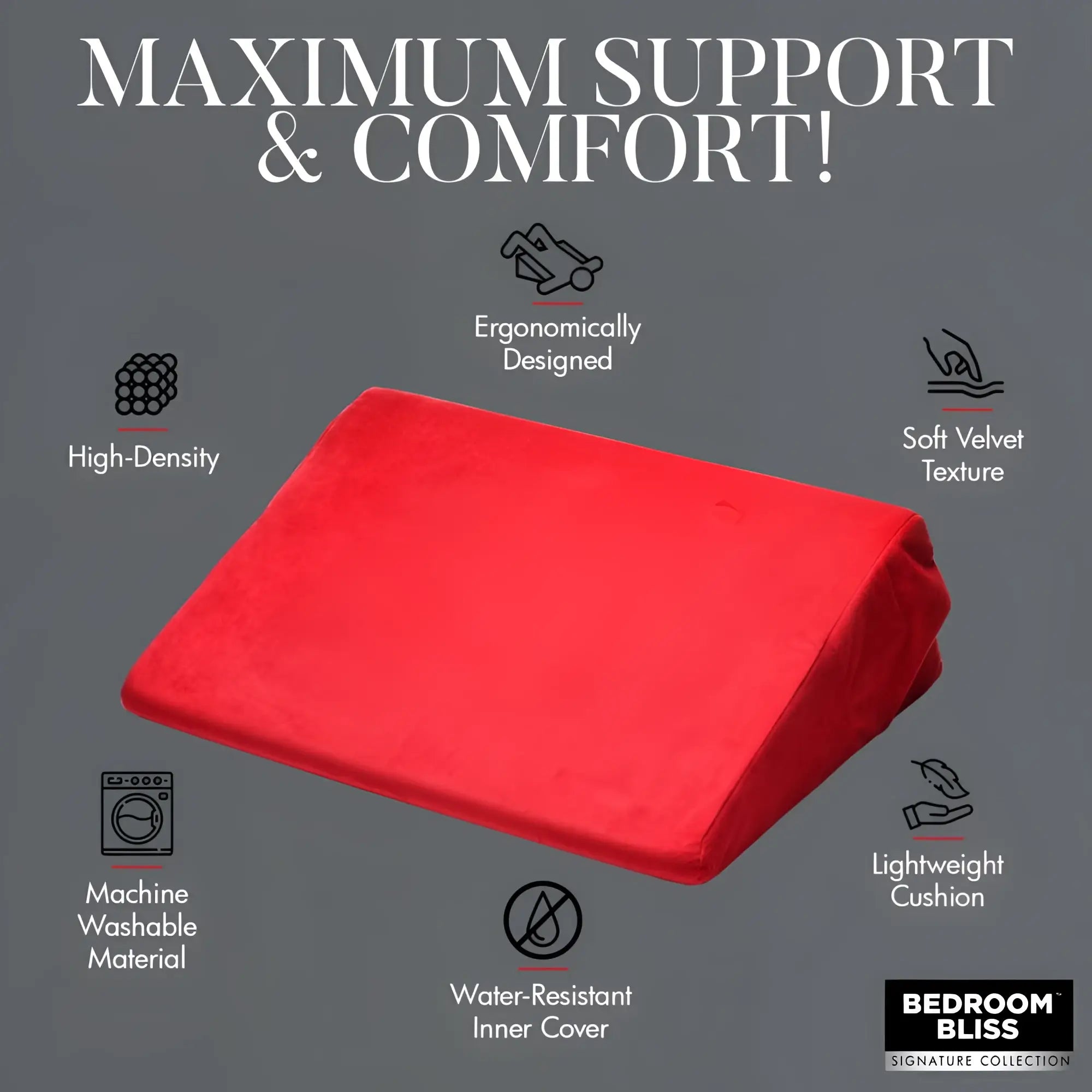 Bedroom Bliss Small Love Cushion: a bright red, wedge-shaped velvet pillow with icons highlighting product features.