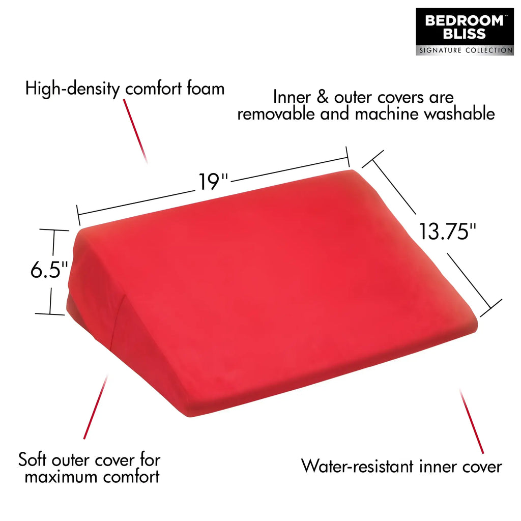 Bedroom Bliss Small Love Cushion: A red, wedge-shaped foam pillow with dimensions and labeled product features.