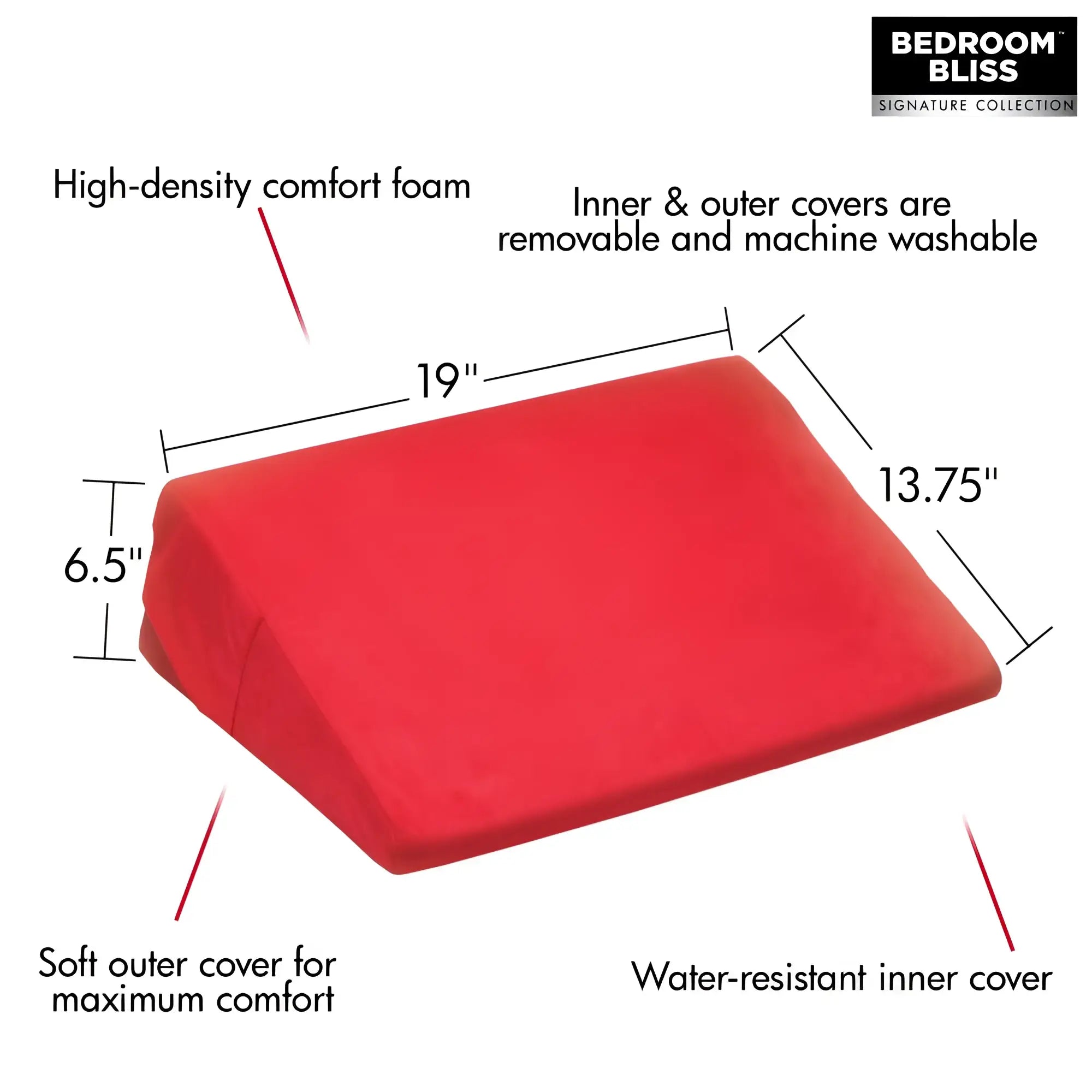 Bedroom Bliss Small Love Cushion: A red, wedge-shaped foam pillow with dimensions and labeled product features.