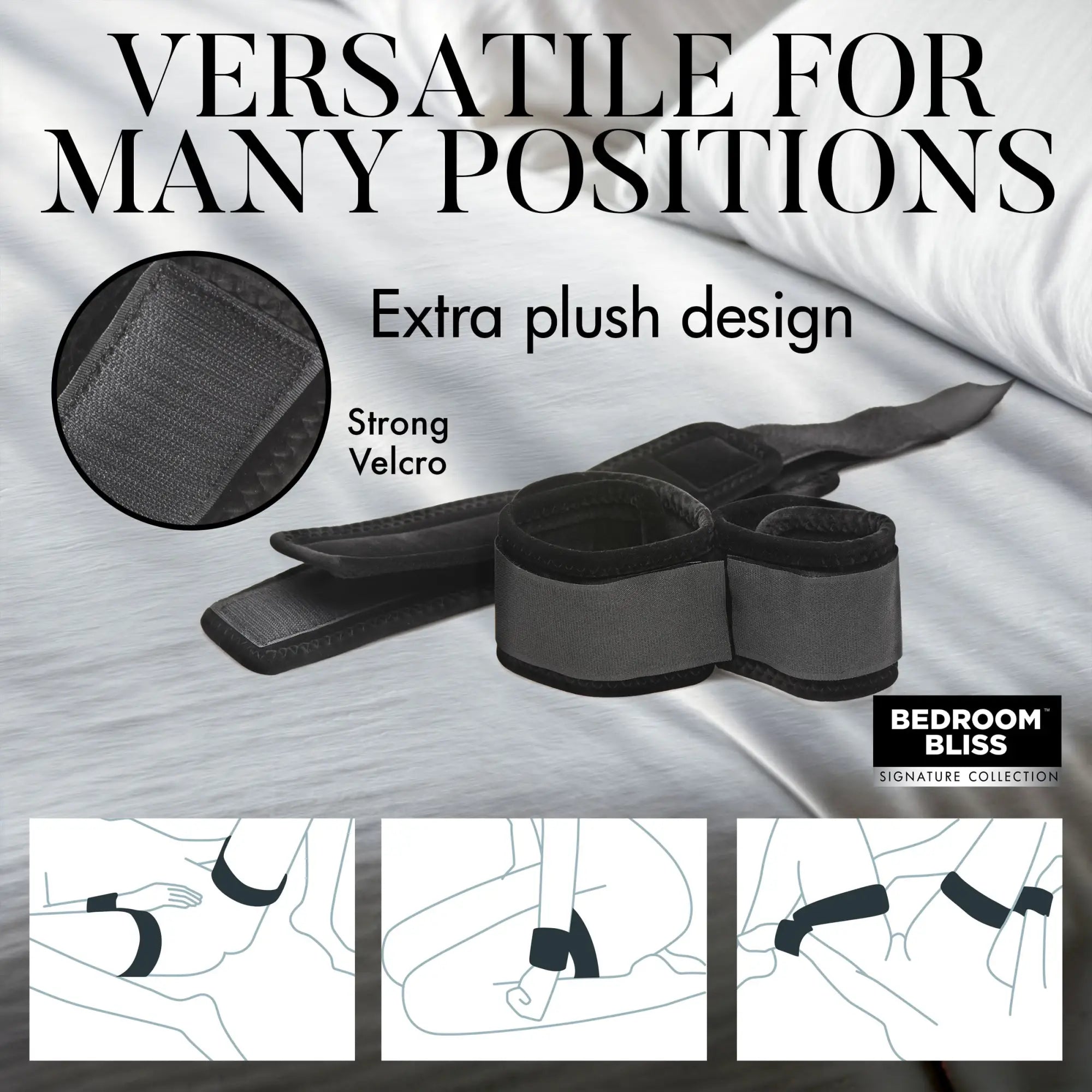 Bedroom Bliss black velvet plush wrist/ankle cuffs with Velcro, shown with diagrams illustrating multiple body positions.