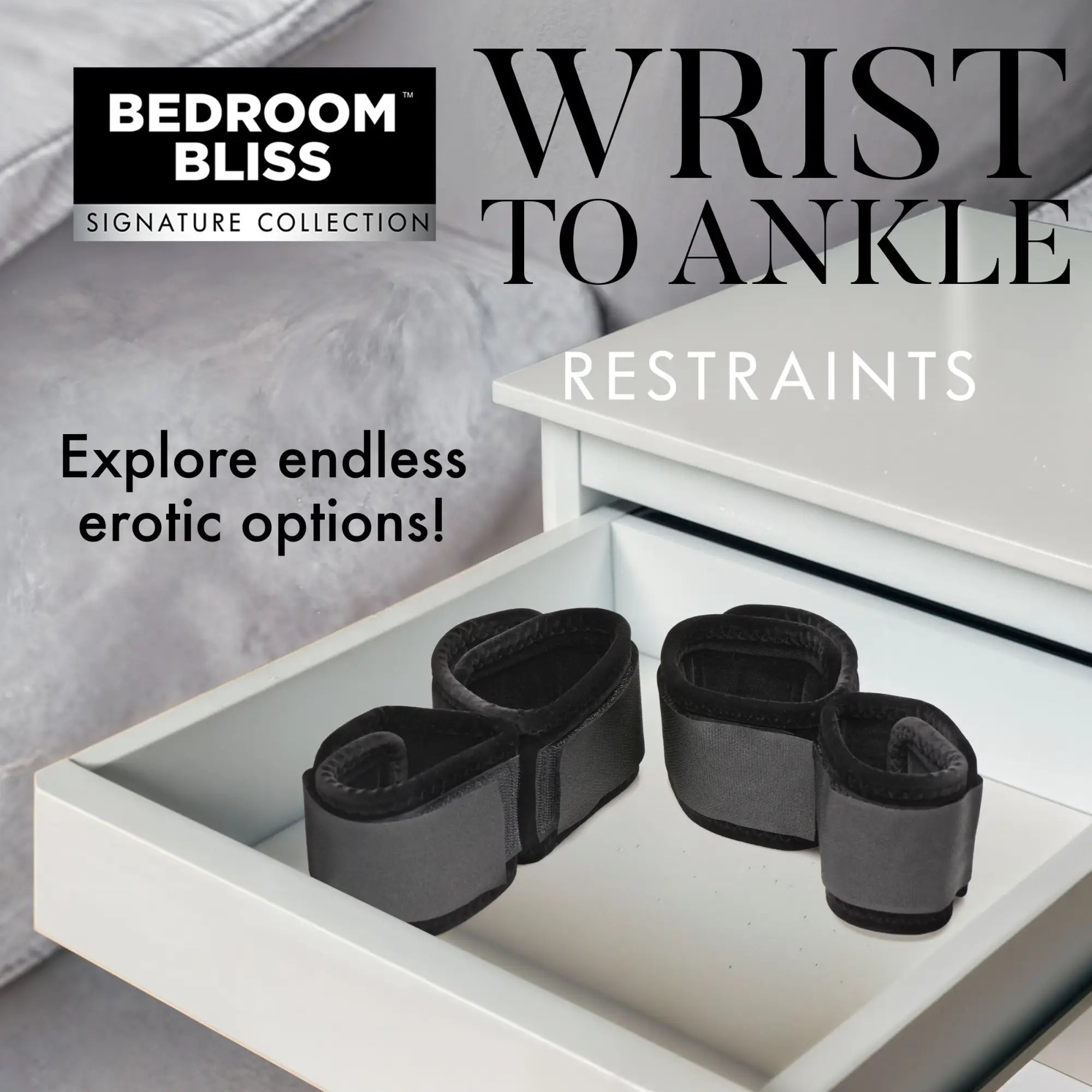 Bedroom Bliss black velvet plush wrist-to-ankle restraints sitting inside a white drawer.