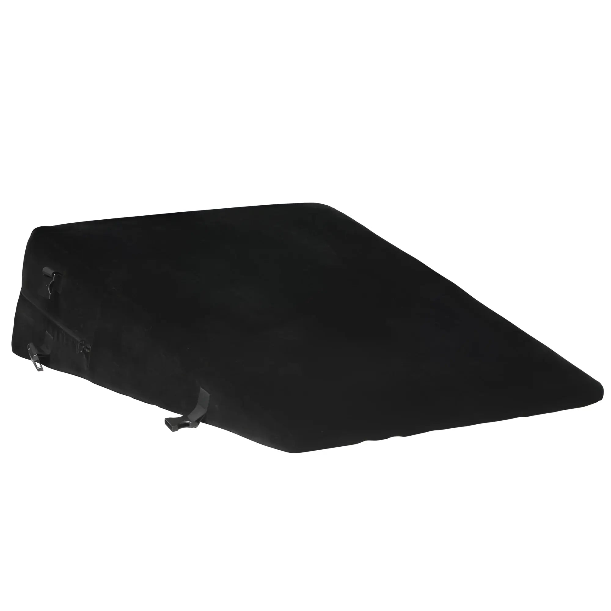 Bedroom Bliss XL Bondage Cushion: A black, velvet-textured wedge pillow featuring adjustable side restraint straps.