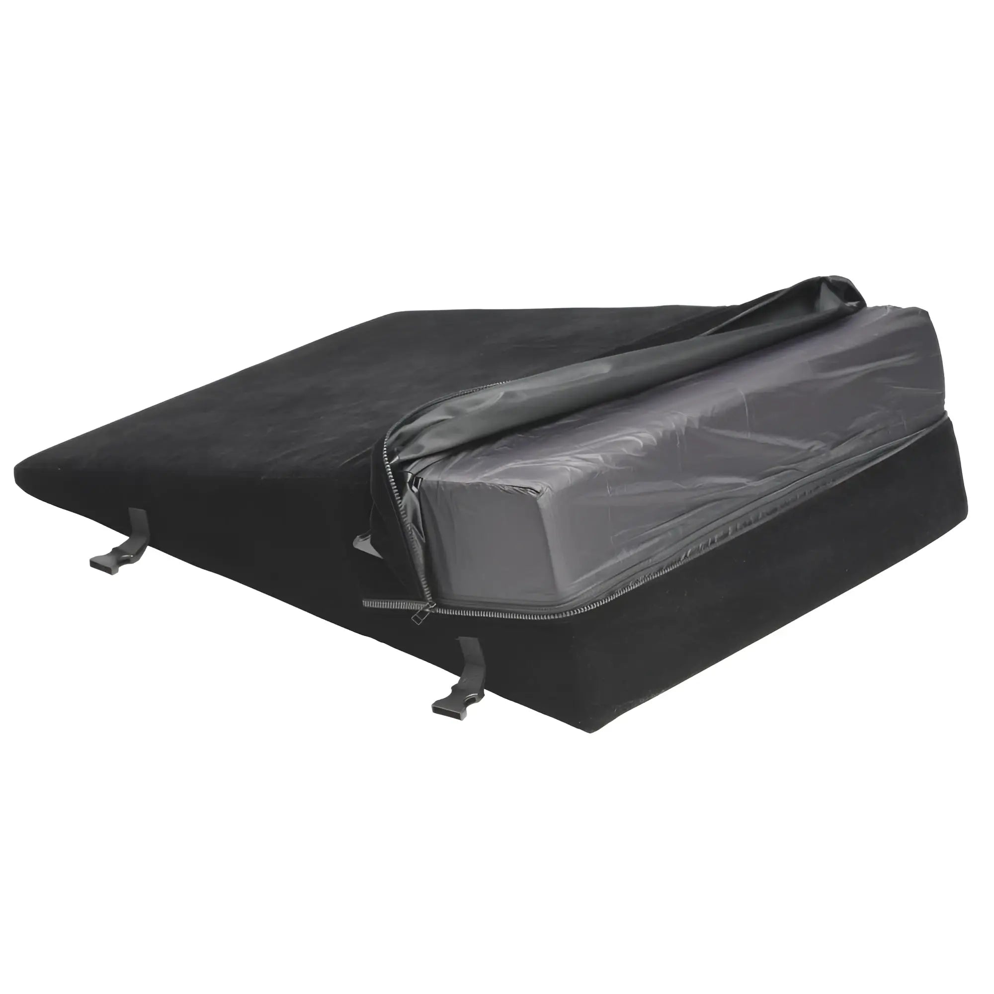 Bedroom Bliss XL Bondage Cushion: A black wedge-shaped cushion with an unzipped cover revealing a plastic-wrapped core.