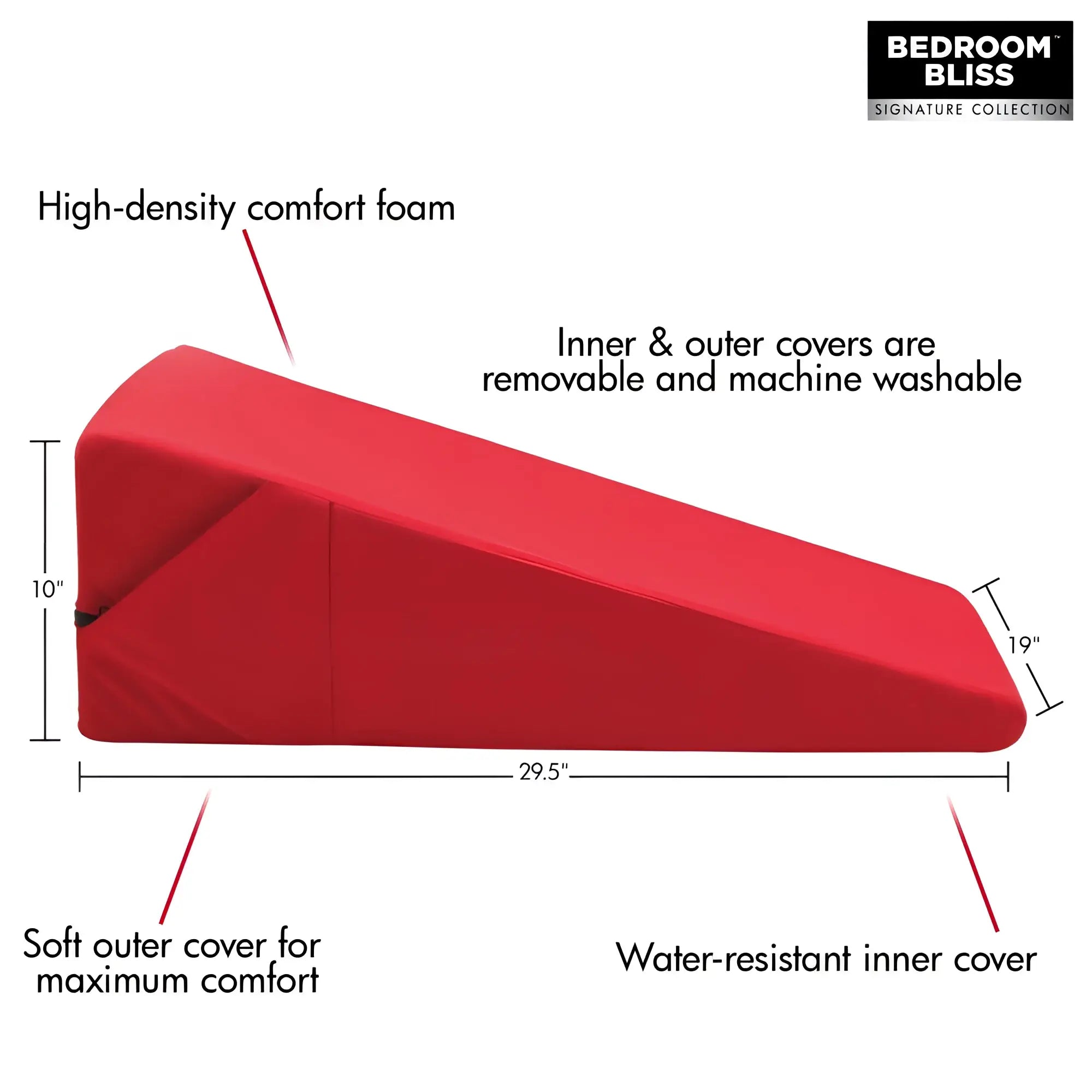 Bedroom Bliss XL Love Cushion: A red wedge-shaped foam cushion with dimension labels and fabric feature annotations.