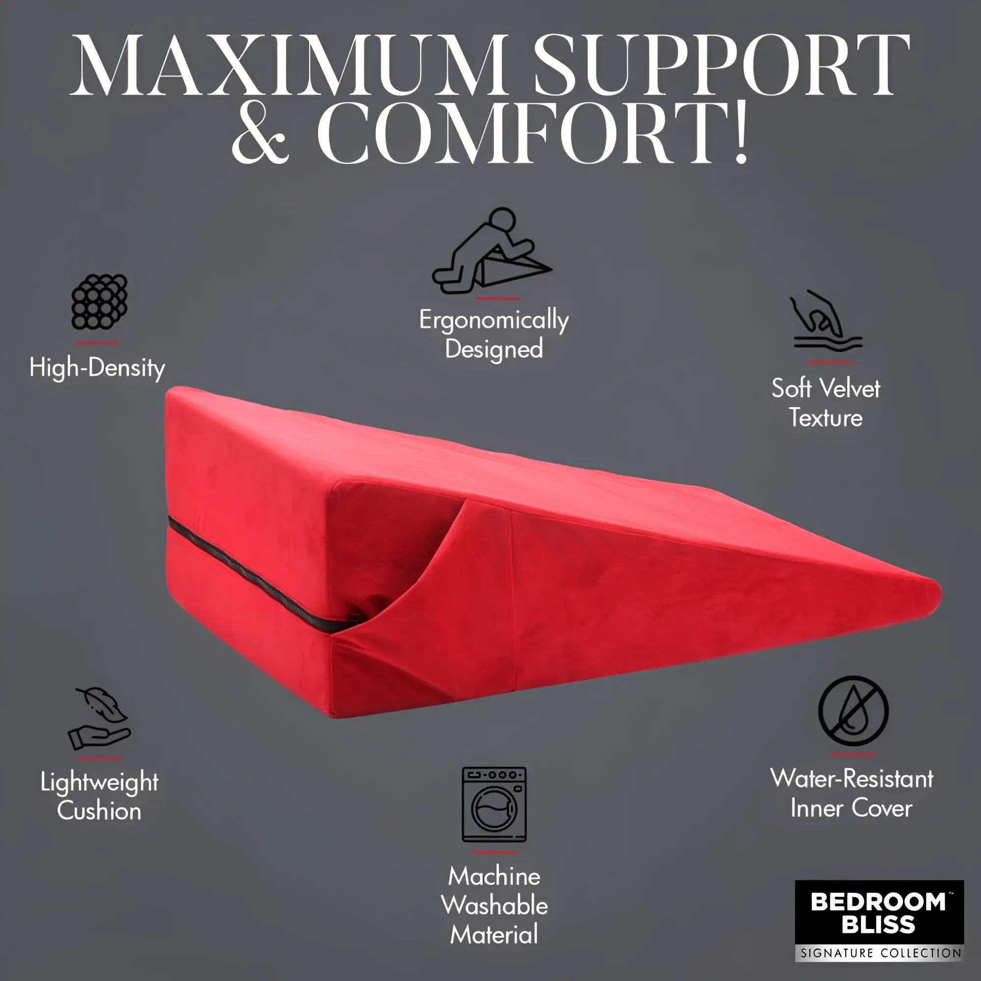 Bedroom Bliss XL Love Cushion: A red, triangular velvet wedge pillow with informative feature icons.