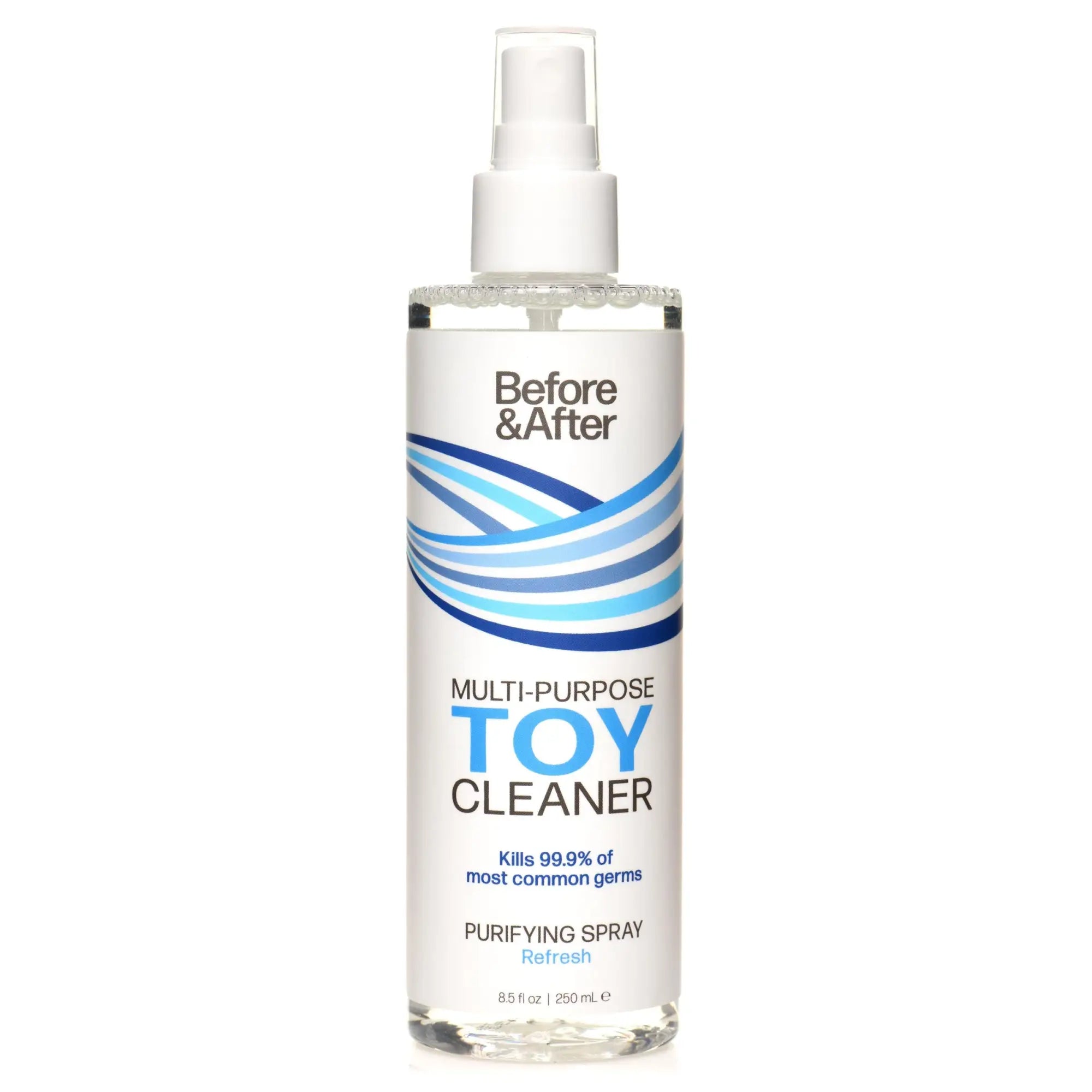 Before & After Toy Cleaner in a clear plastic spray bottle with white label, blue wave graphics, and text details.