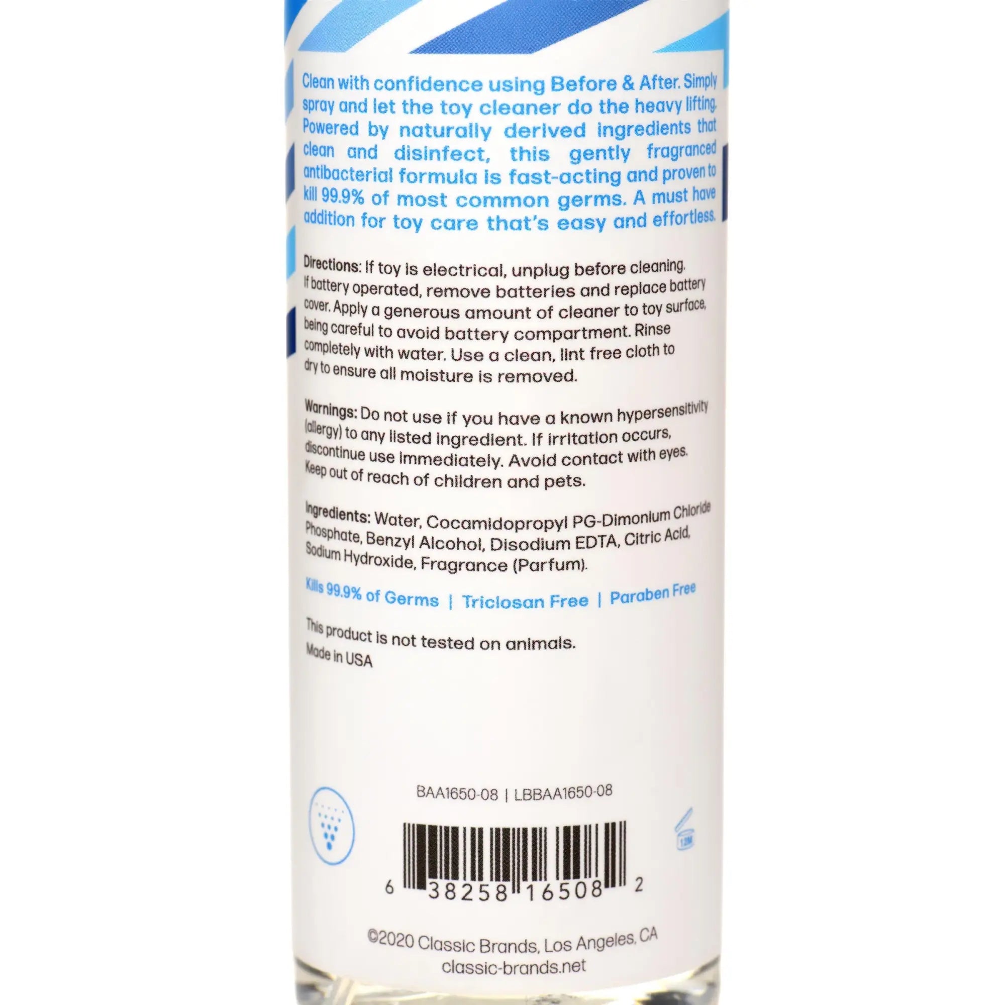 Before & After Toy Cleaner back label showing product instructions, ingredient list, and barcode on a white cylindrical bottle.