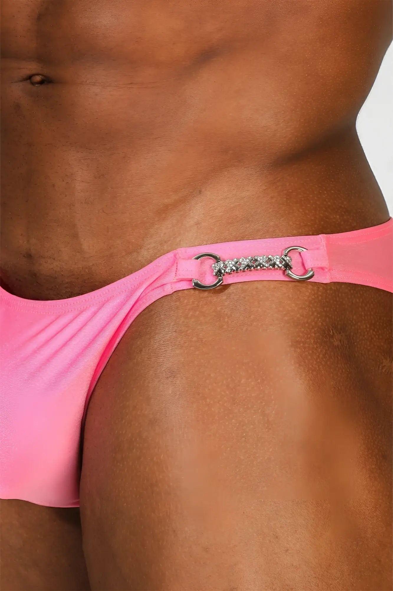 Pink opal bejeweled bikini swim briefs with a silver rhinestone-encrusted horsebit buckle
