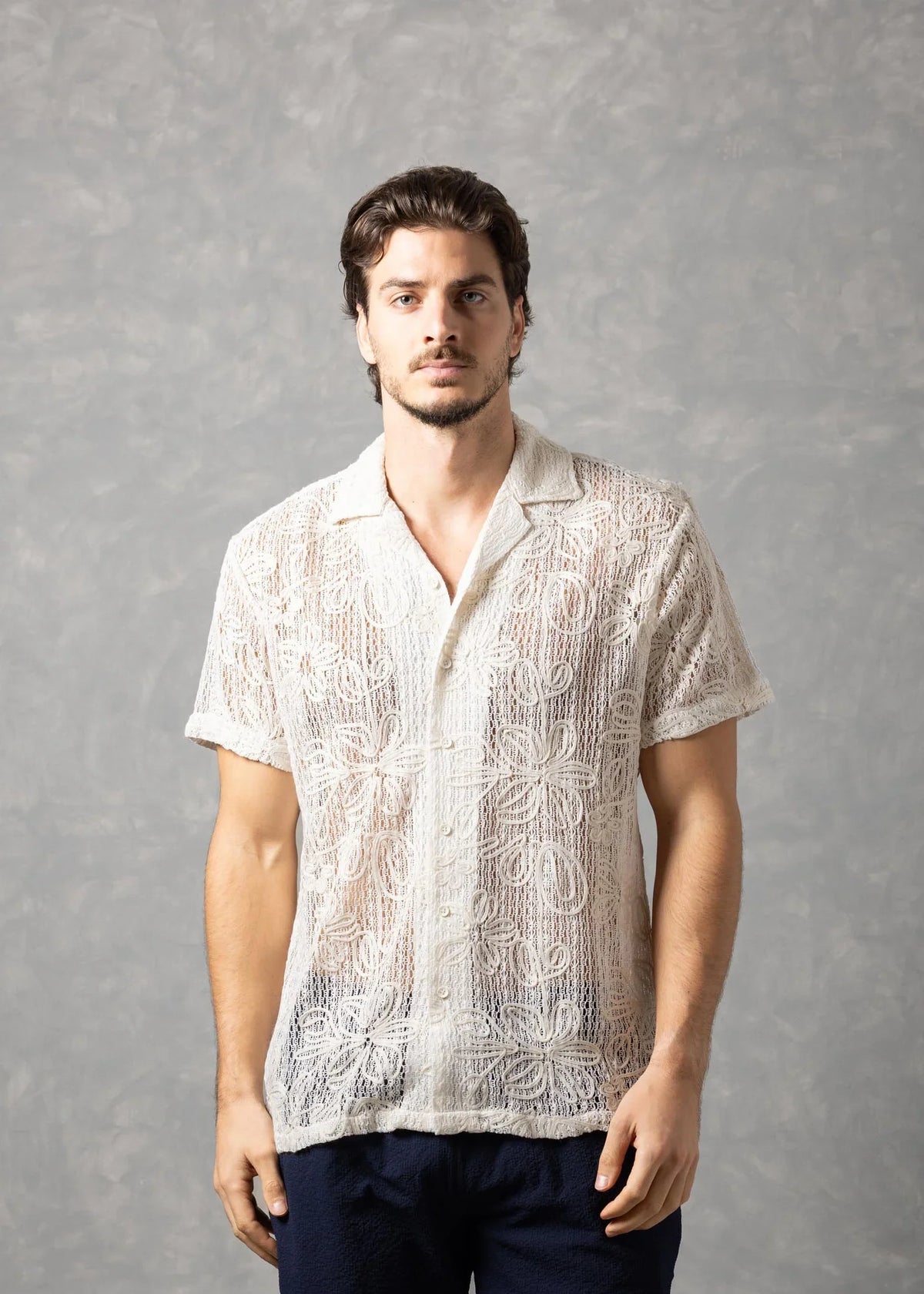 Bespoke Moda Men's Floral Open Knit S/S Shirt - White