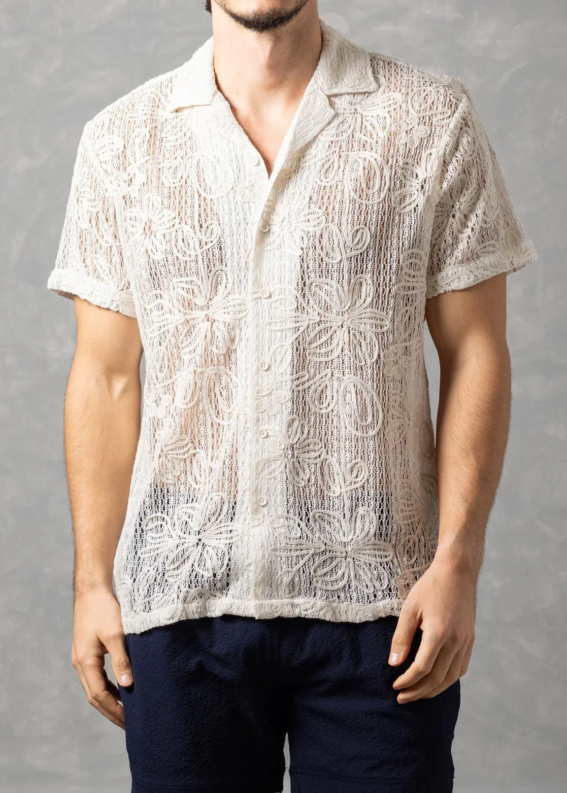 Bespoke Moda Men's Floral Open Knit S/S Shirt - White