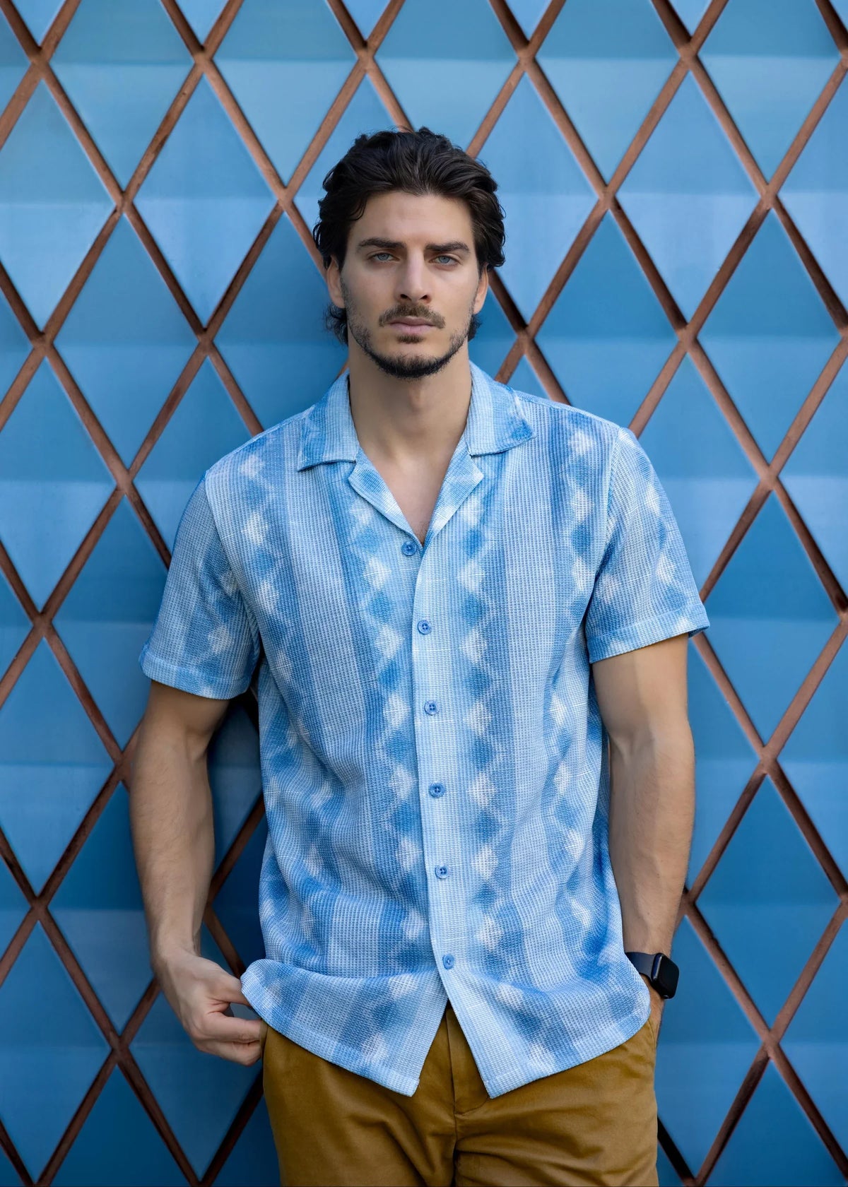 Bespoke Moda Men's Azure Coast Textured S/S Shirt - Blue