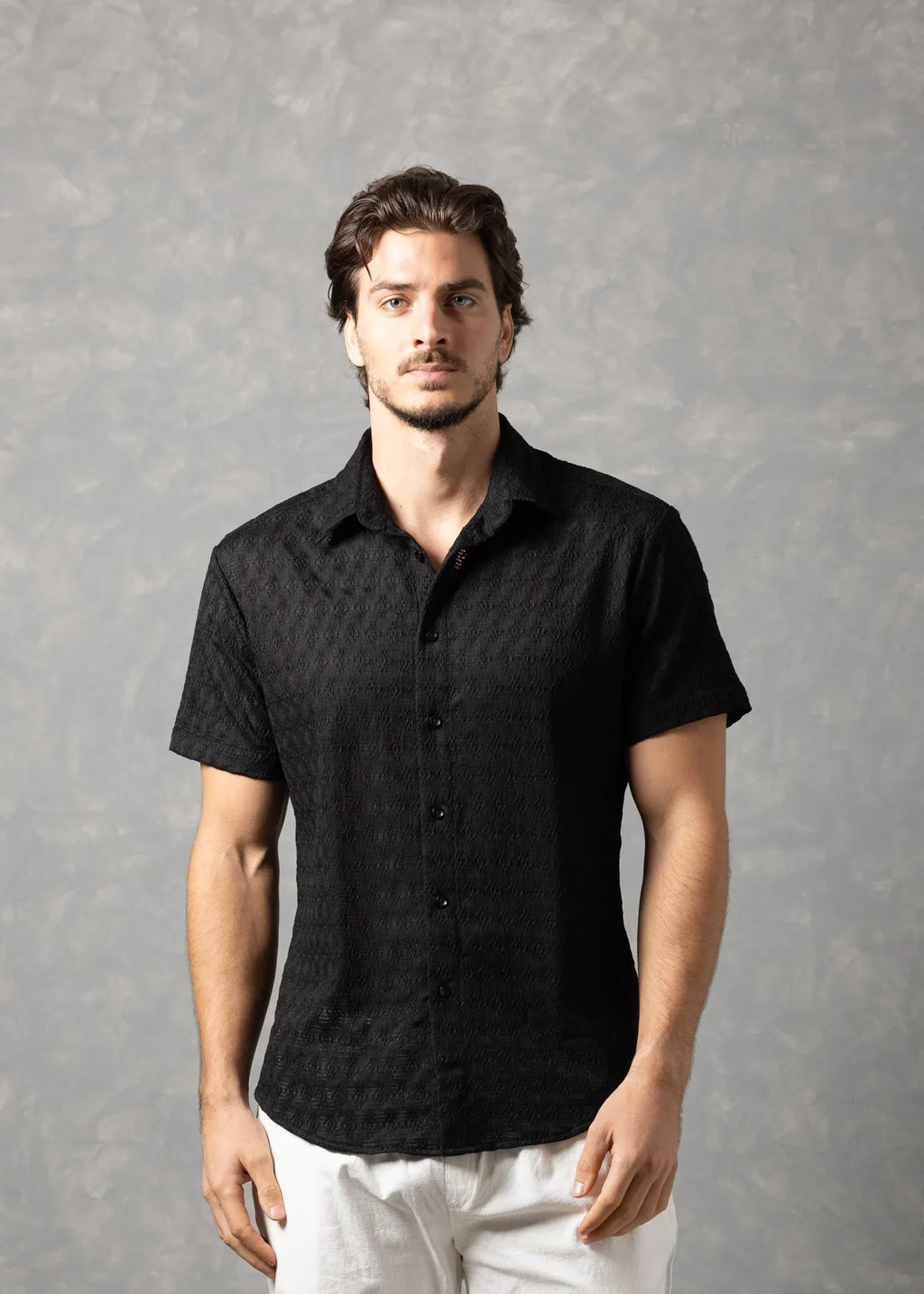 Bespoke Moda Men's Desert Textured Resort S/S Shirt - Black