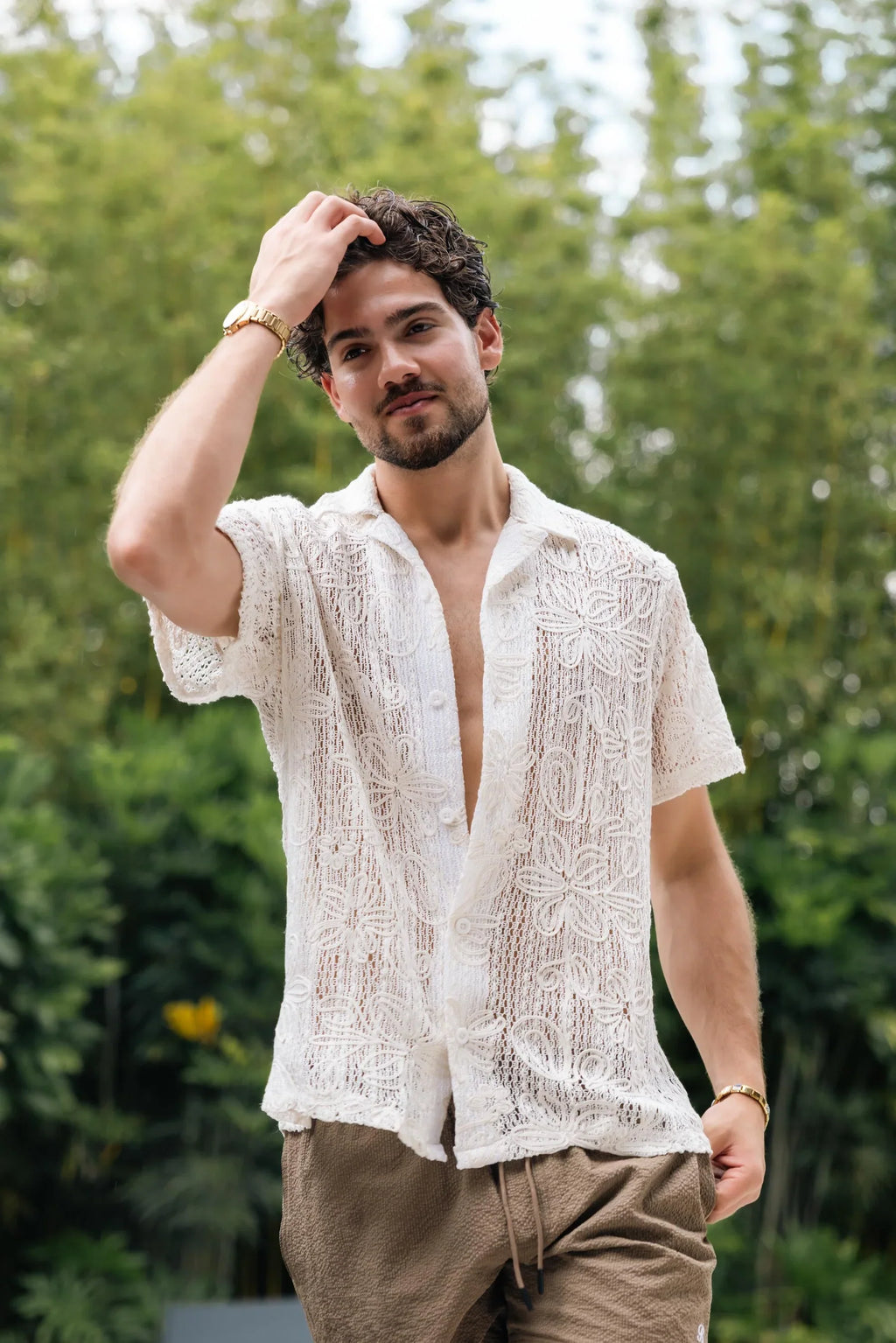 Bespoke Moda Men's Floral Open Knit S/S Shirt - White