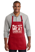 Red best meat apron made of durable fabric with two front pockets white text and hot dog graphic design