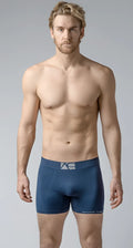 Navy blue Best Trunks boxer briefs with white logo waistband and brand name printed along the leg seam
