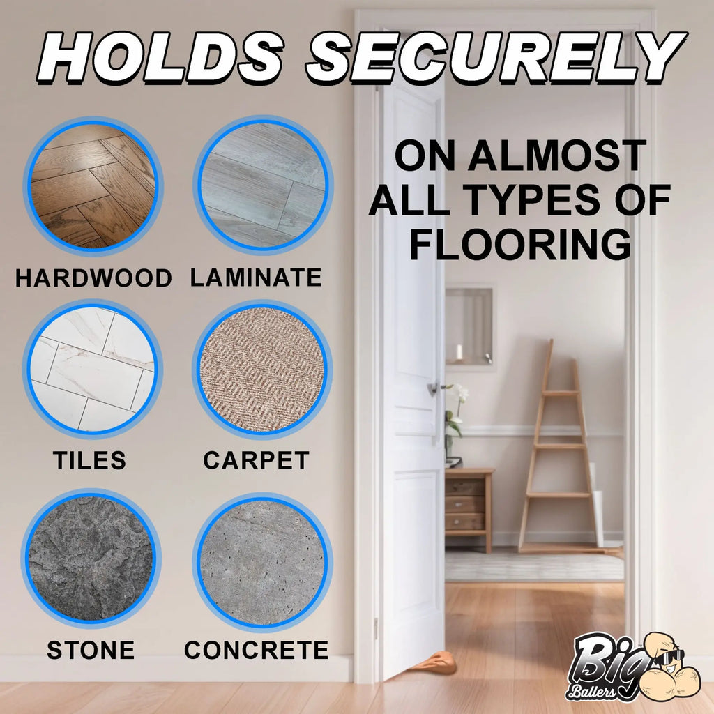 Big Ballers Big Balls door stop shown holding a white door open on various floor types: wood, tile, carpet, and stone.