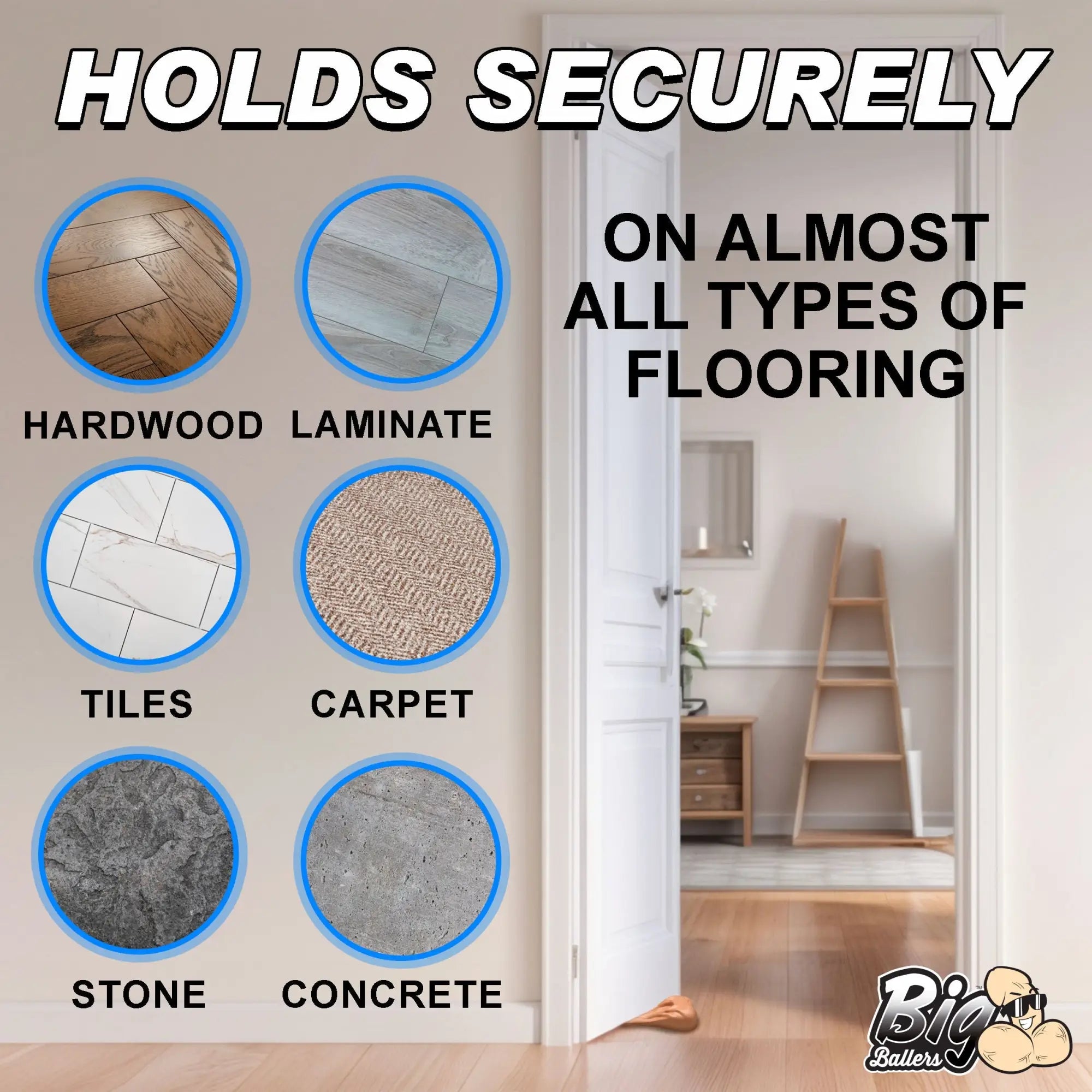 Big Ballers Big Balls door stop shown holding a white door open on various floor types: wood, tile, carpet, and stone.