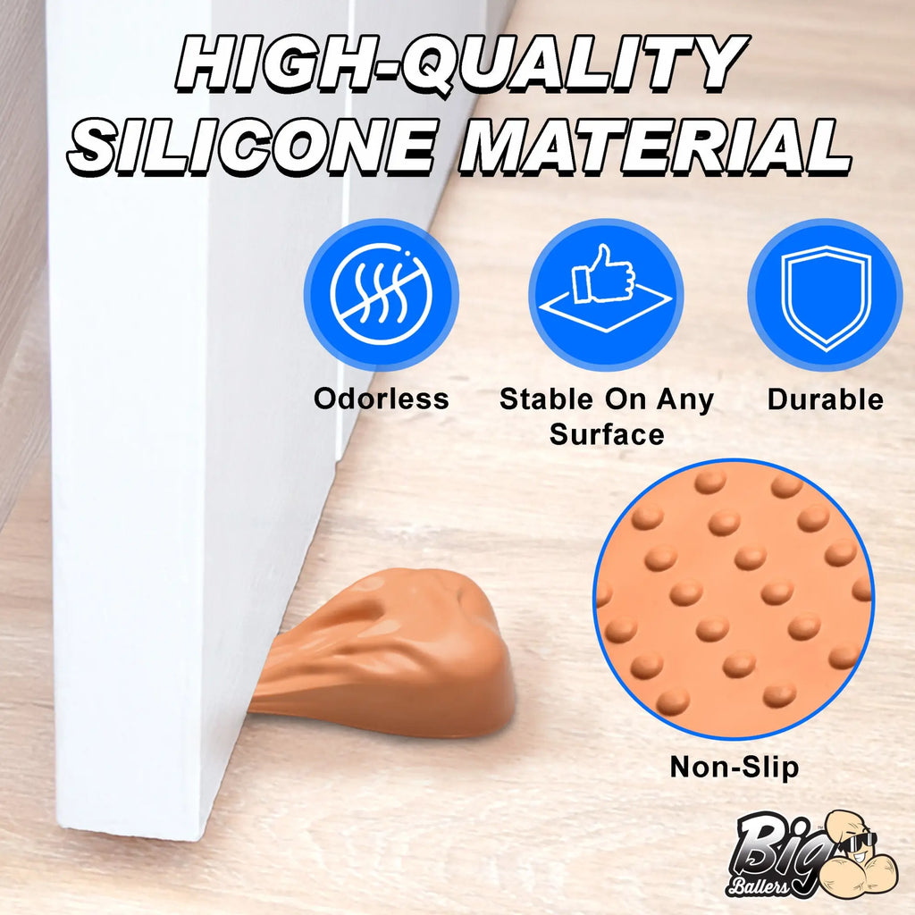 Big Ballers Big Balls door stop: tan, silicone, ball-shaped wedge holding a door, with features like non-slip base.