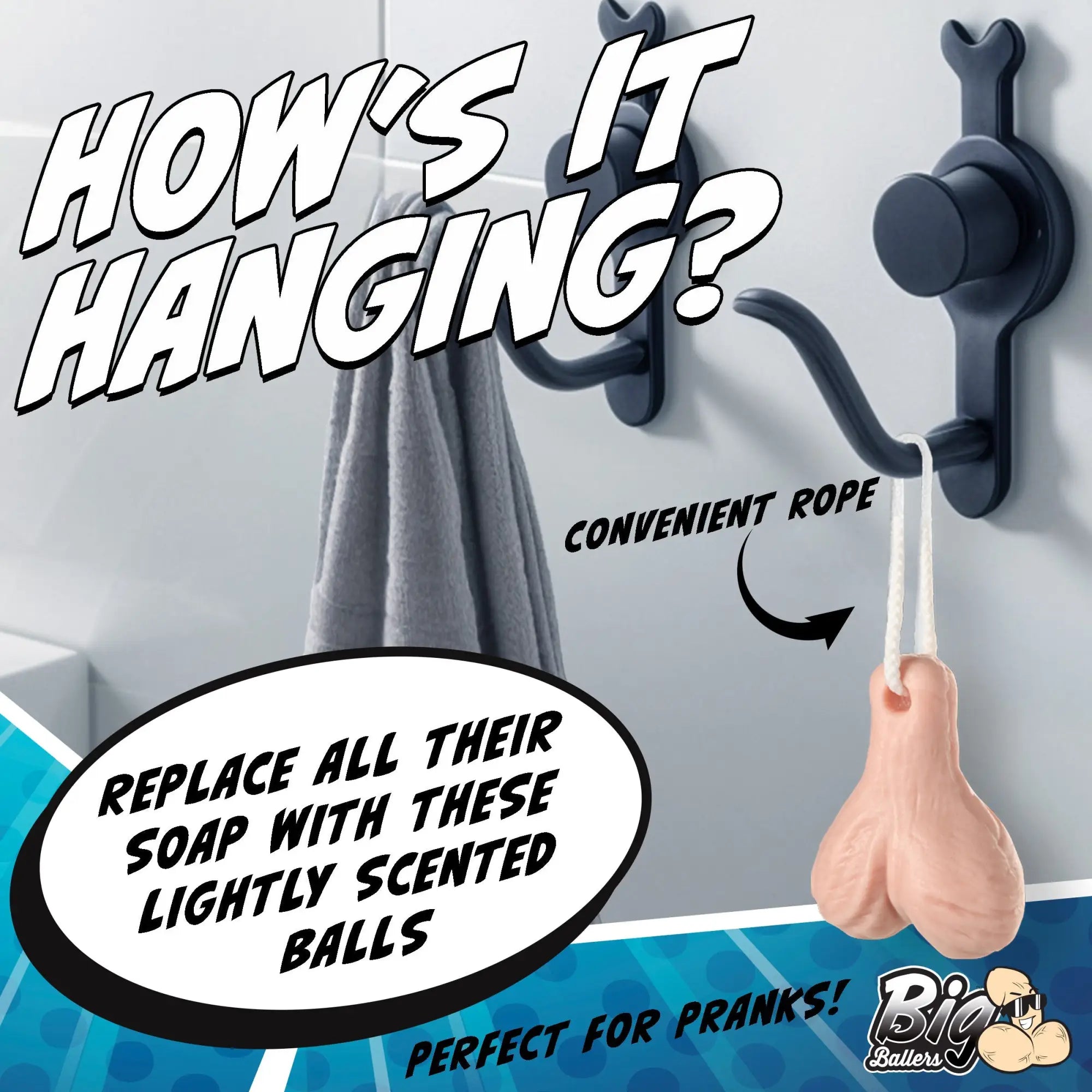 Big Ballers Balls Soap hanging on a bathroom wall hook. The soap is flesh-toned and shaped like testicles with a rope.