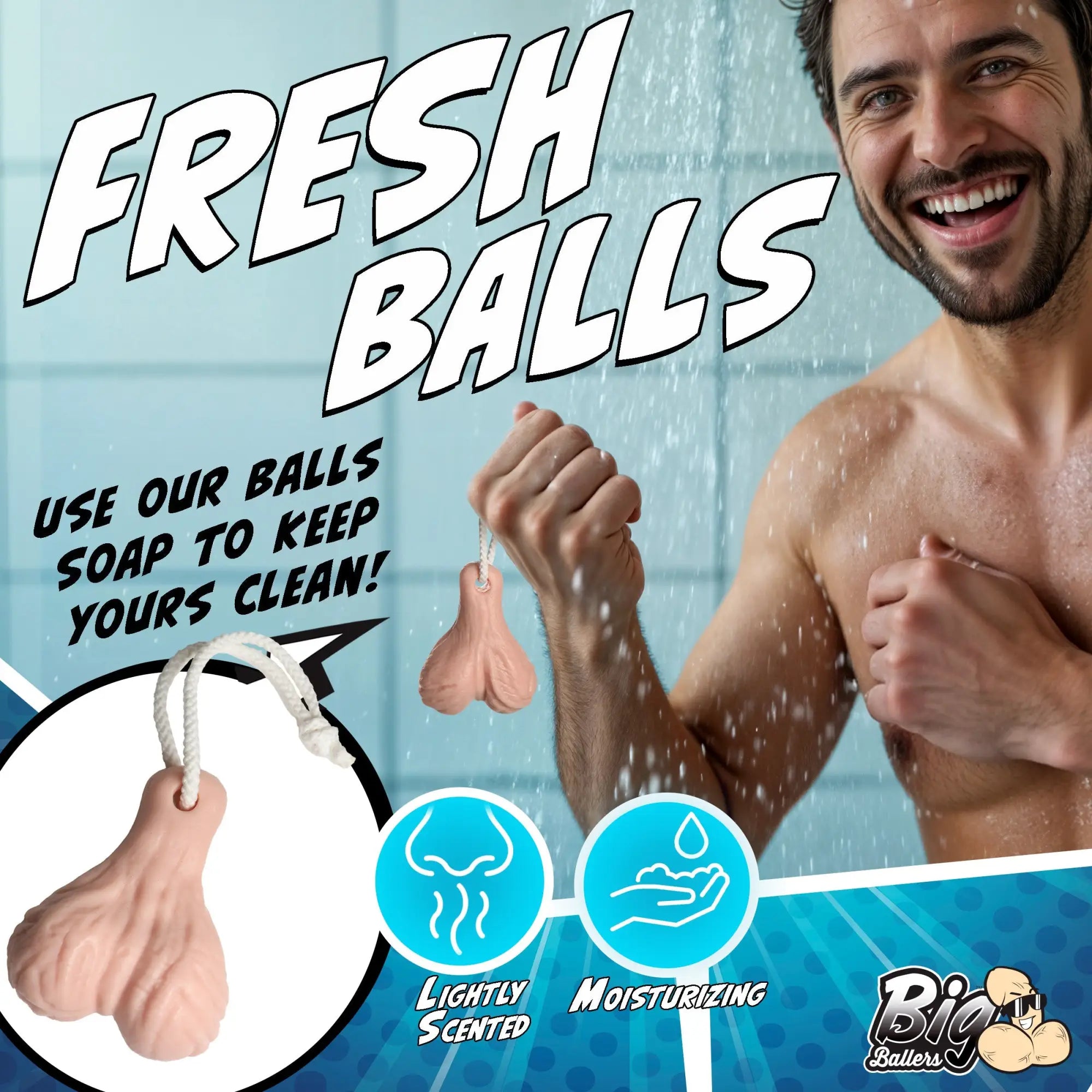 Big Ballers Balls Soap: A beige, anatomically shaped soap with a rope, displayed in a shower advertisement.