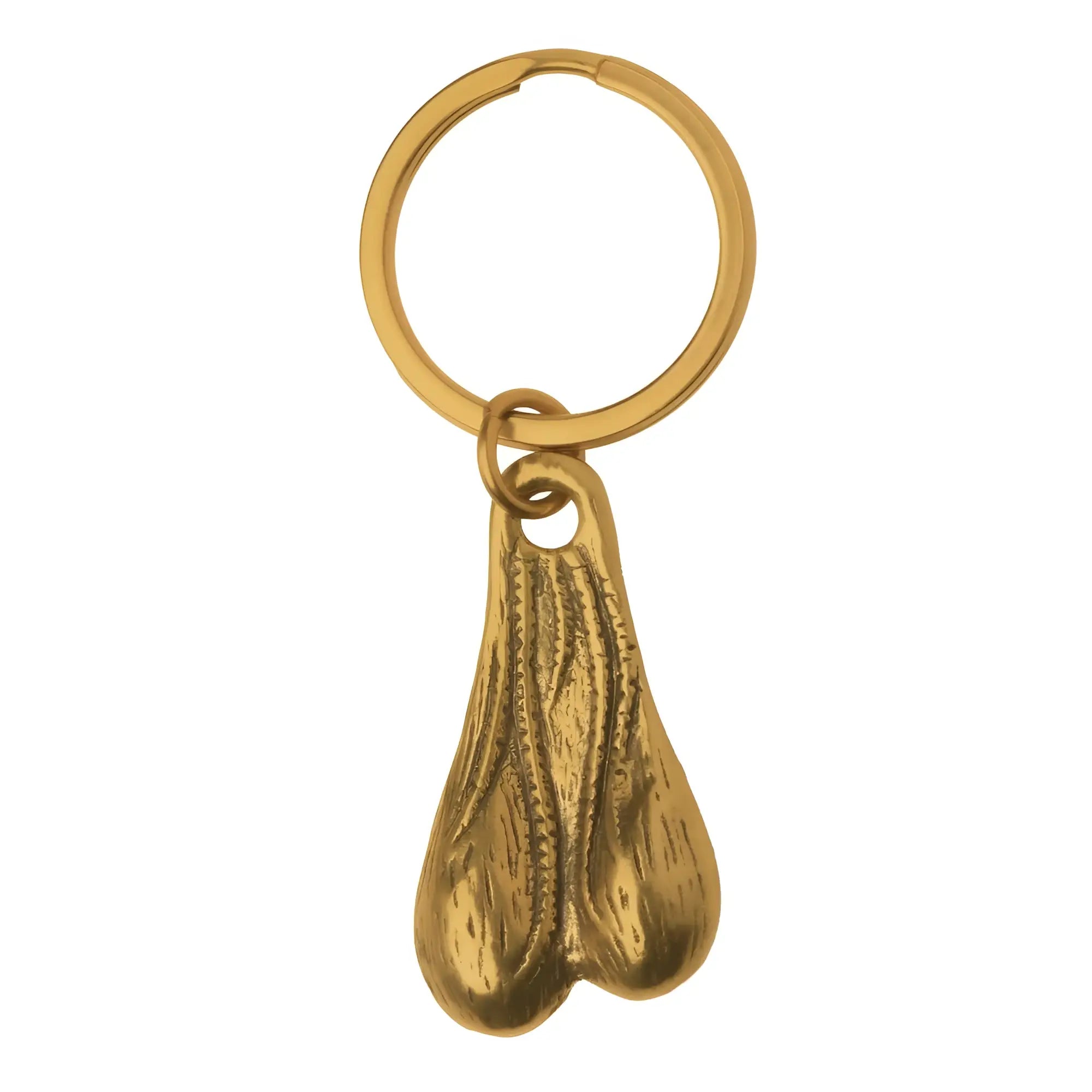 Big Ballers Brass Nuts keychain: A gold-toned metal charm shaped like testicles attached to a standard split keyring.