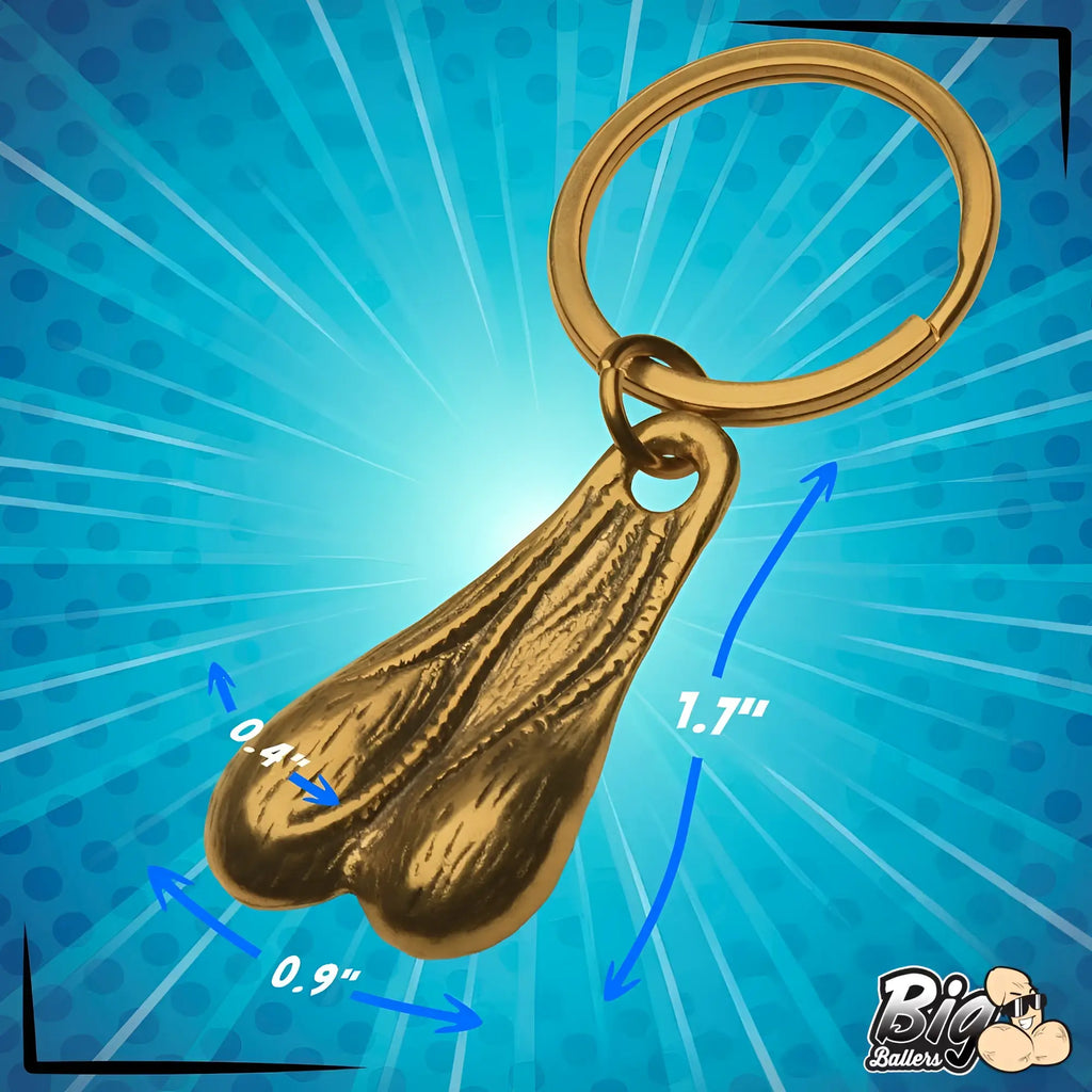 Big Ballers Brass Nuts keychain featuring a gold-toned metallic testicle-shaped charm with product dimensions labeled.