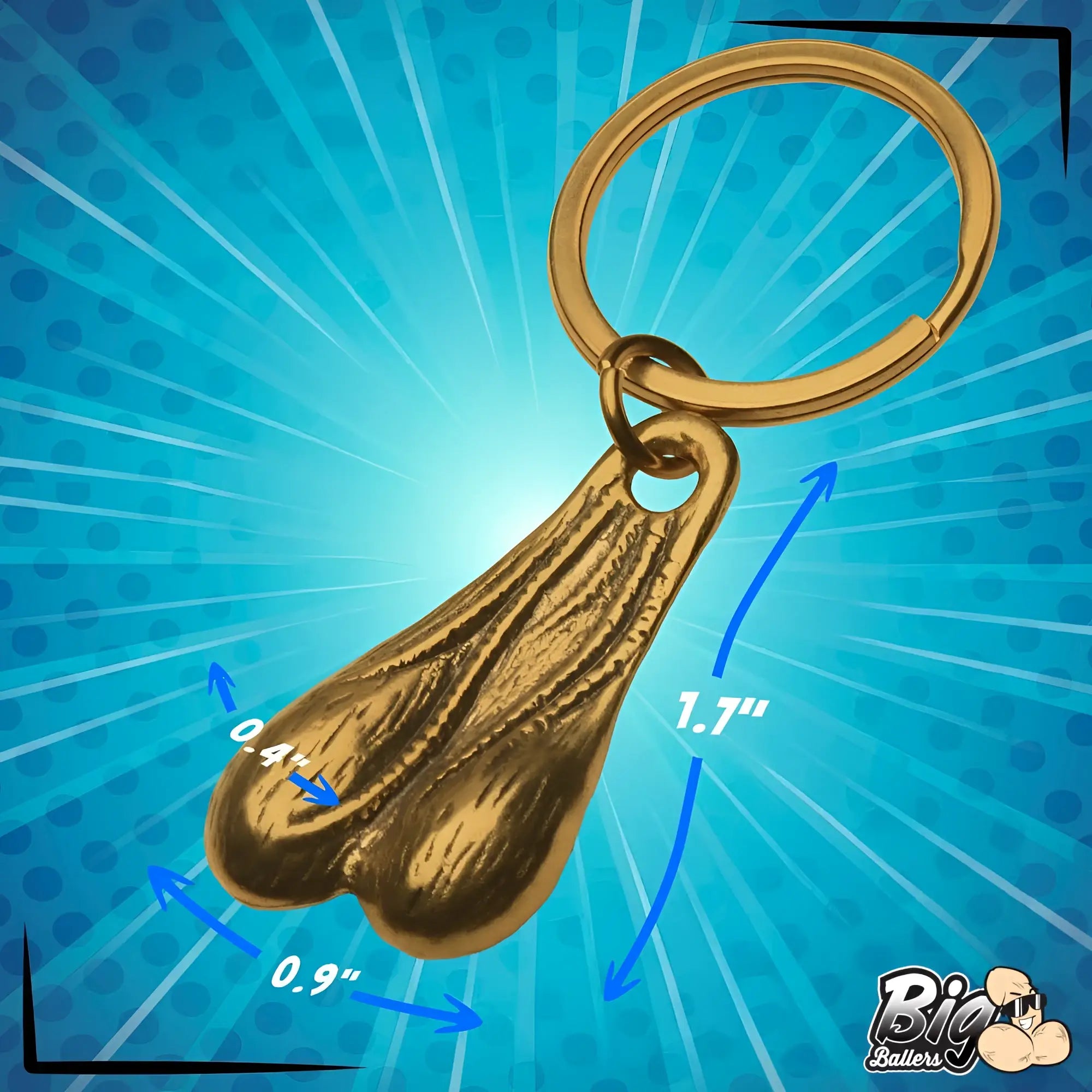Big Ballers Brass Nuts keychain featuring a gold-toned metallic testicle-shaped charm with product dimensions labeled.