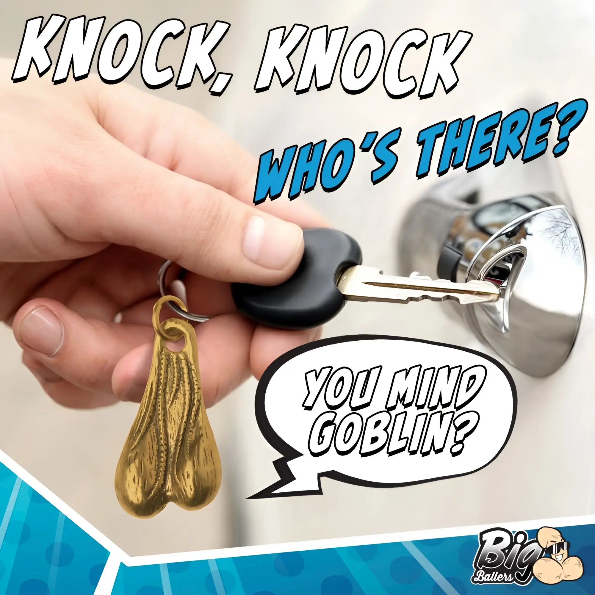Big Ballers Brass Nuts keychain held by a hand. The brass charm is shaped like testicles, with comic-style text.