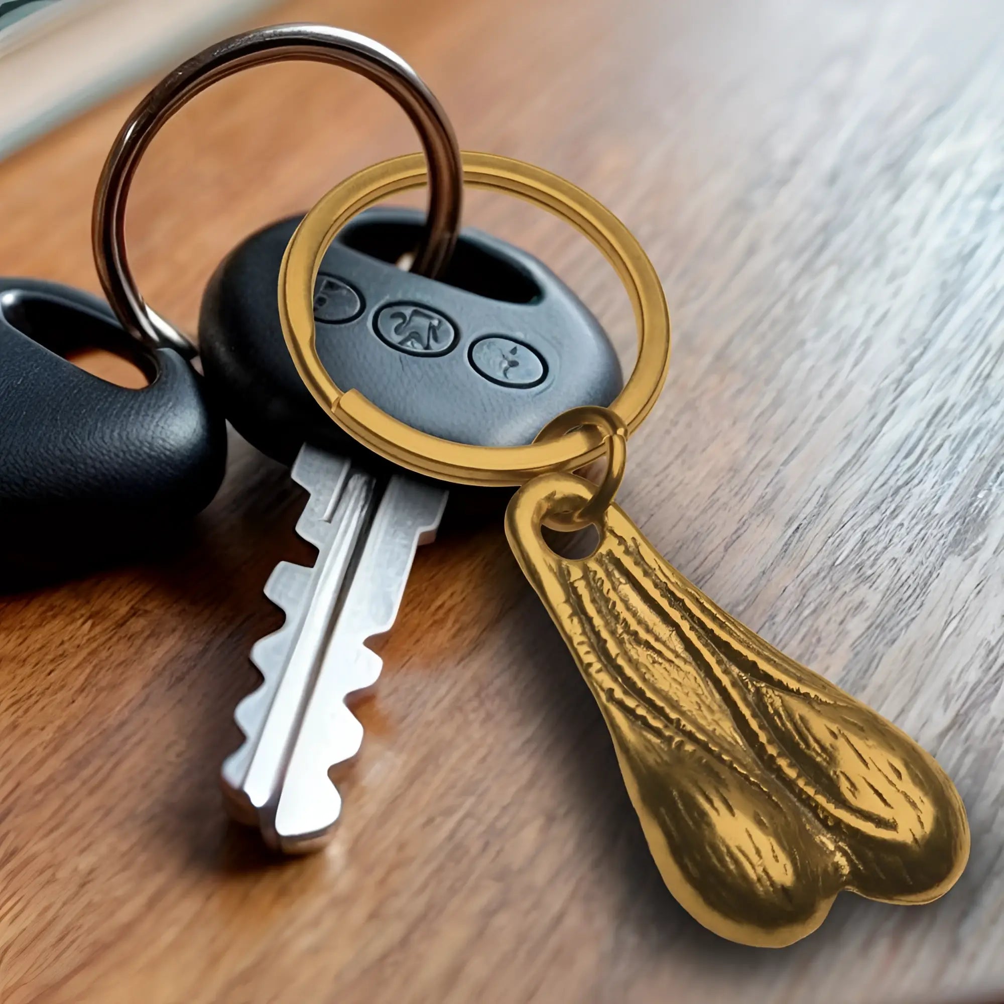 Big Ballers Brass Nuts keychain featuring a textured, gold-colored scrotum-shaped pendant attached to a metal keyring.
