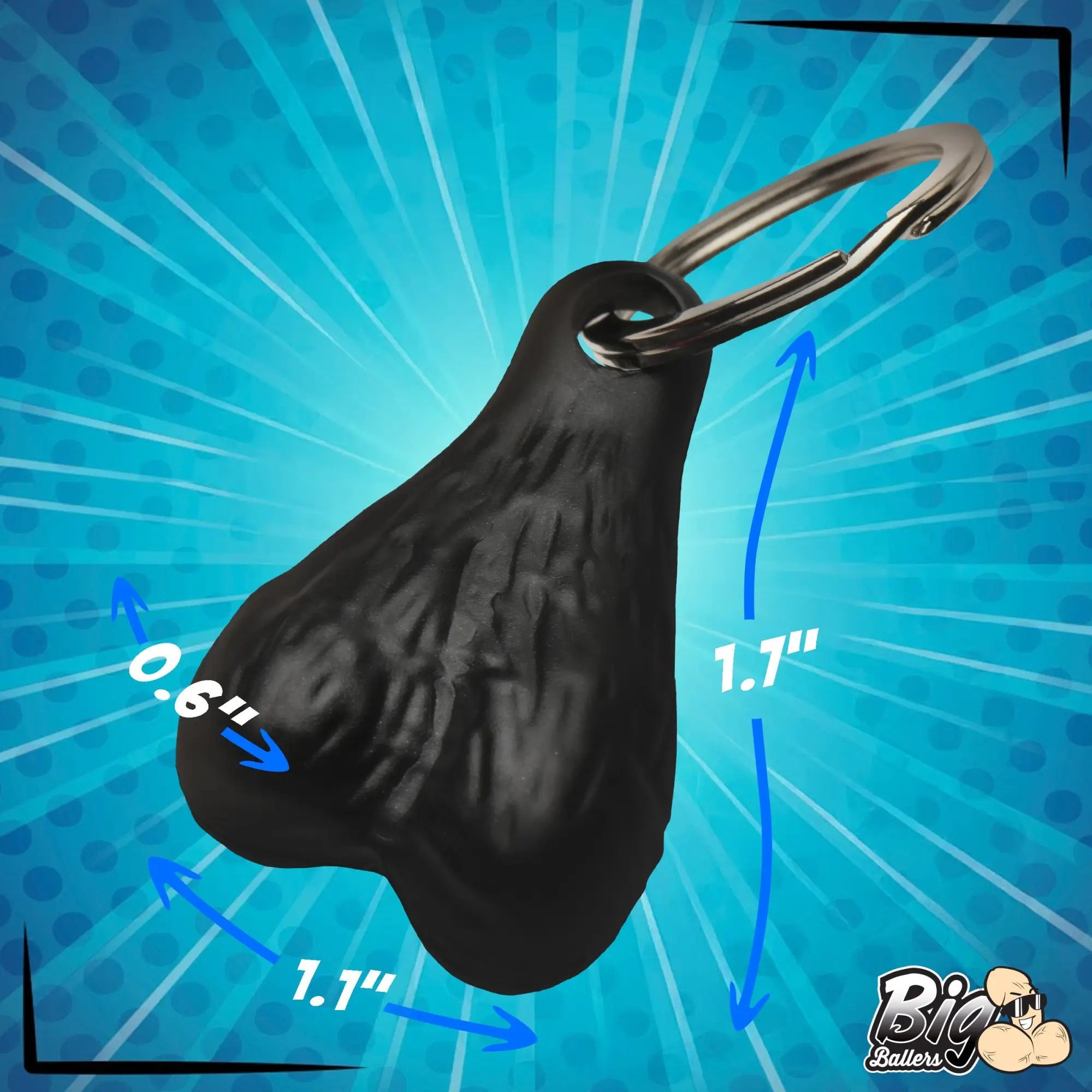 Black Big Ballers keychain with a textured, sack-shaped design, shown against a blue comic-style background with specs.
