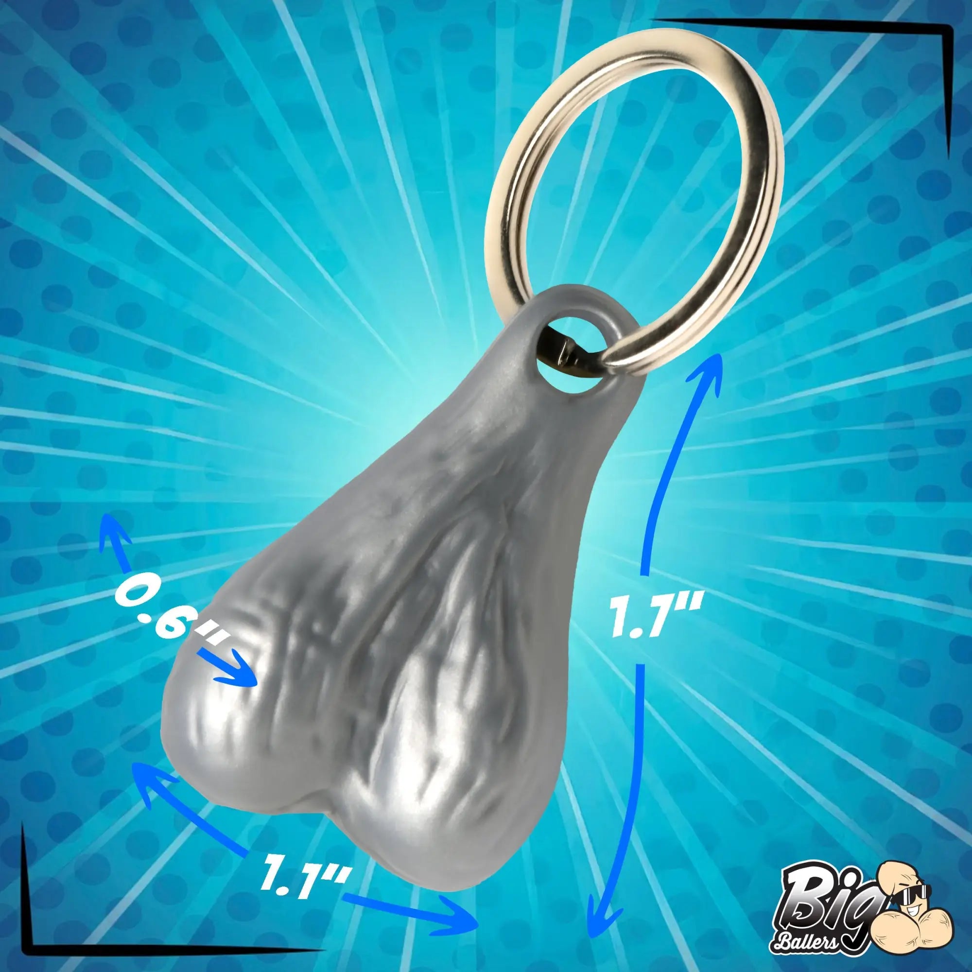 Big Ballers keychain: a silver-toned, testicle-shaped pendant on a metal ring, showing dimensions on a blue background.