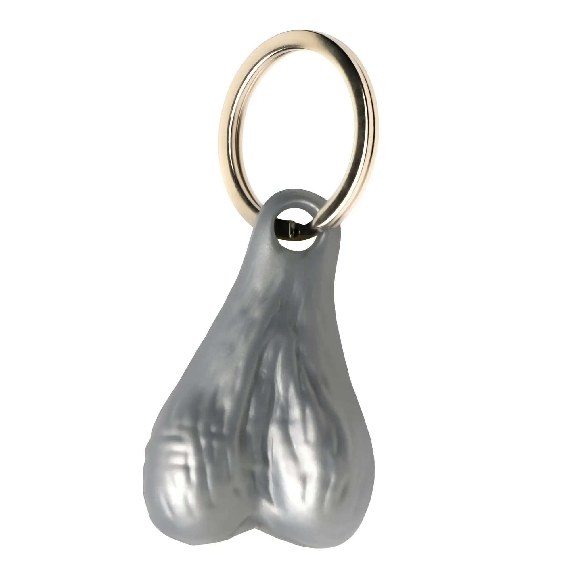 Big Ballers keychain featuring a silver, anatomically shaped testicle charm on a gold-tone metal keyring.