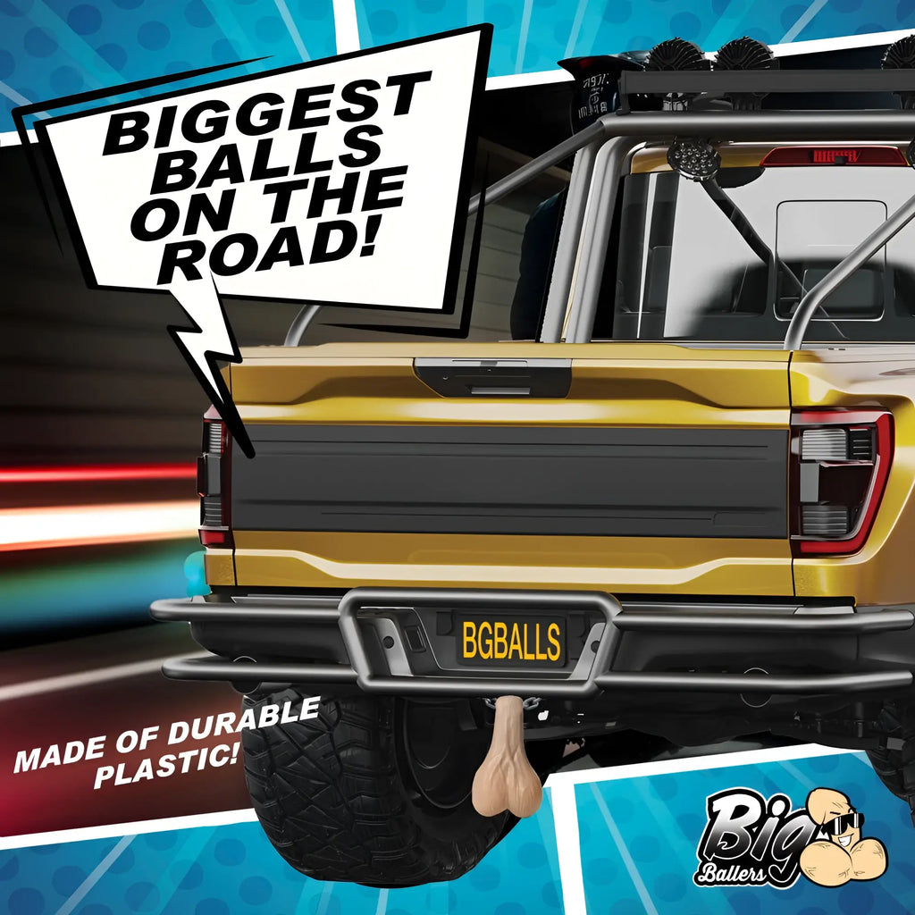 Big Ballers Large Truck Nuts hanging from the bumper of a gold pickup truck with "BGBALLS" license plate.