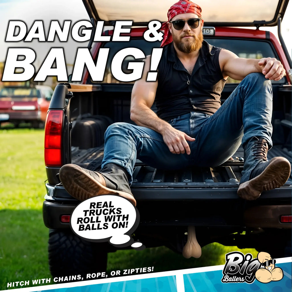 A man sitting in a truck bed above Big Ballers Large Truck Nuts, a beige, anatomically shaped trailer hitch accessory.