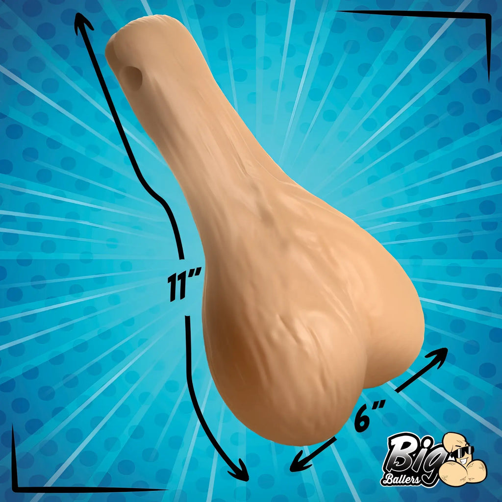 Big Ballers Large Truck Nuts in tan plastic, shown against a blue sunburst background with 11-inch by 6-inch dimensions.