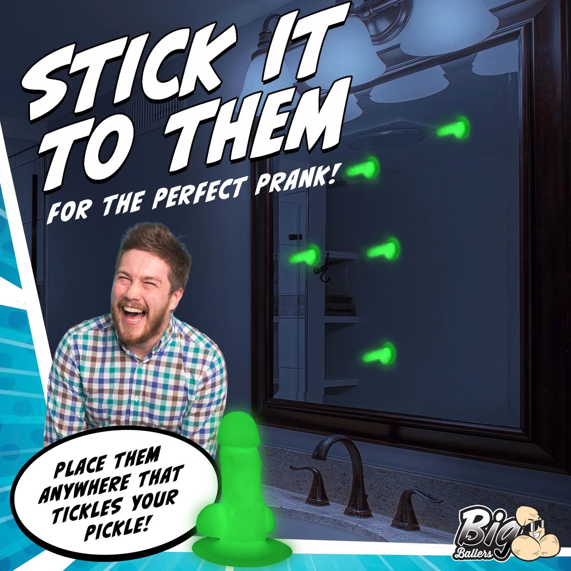 Big Ballers Suction Snap-On Peckers: bright green, glow-in-the-dark phallic suction cup toys stuck on a bathroom mirror.